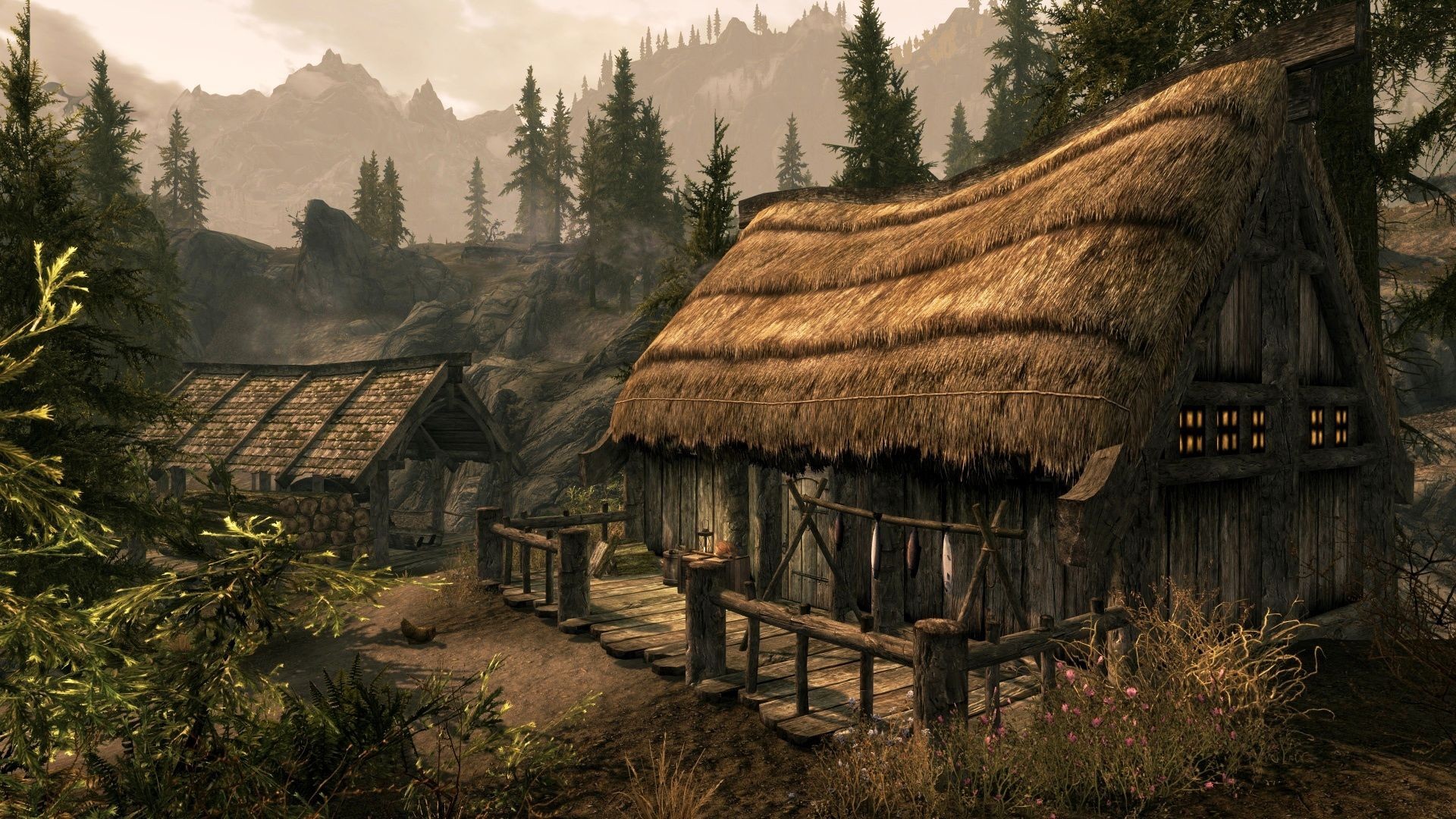 The Elder Scrolls V: Skyrim, Villaggio, Tetto di paglia, Casa in legno, Foresta, sfondo per PC