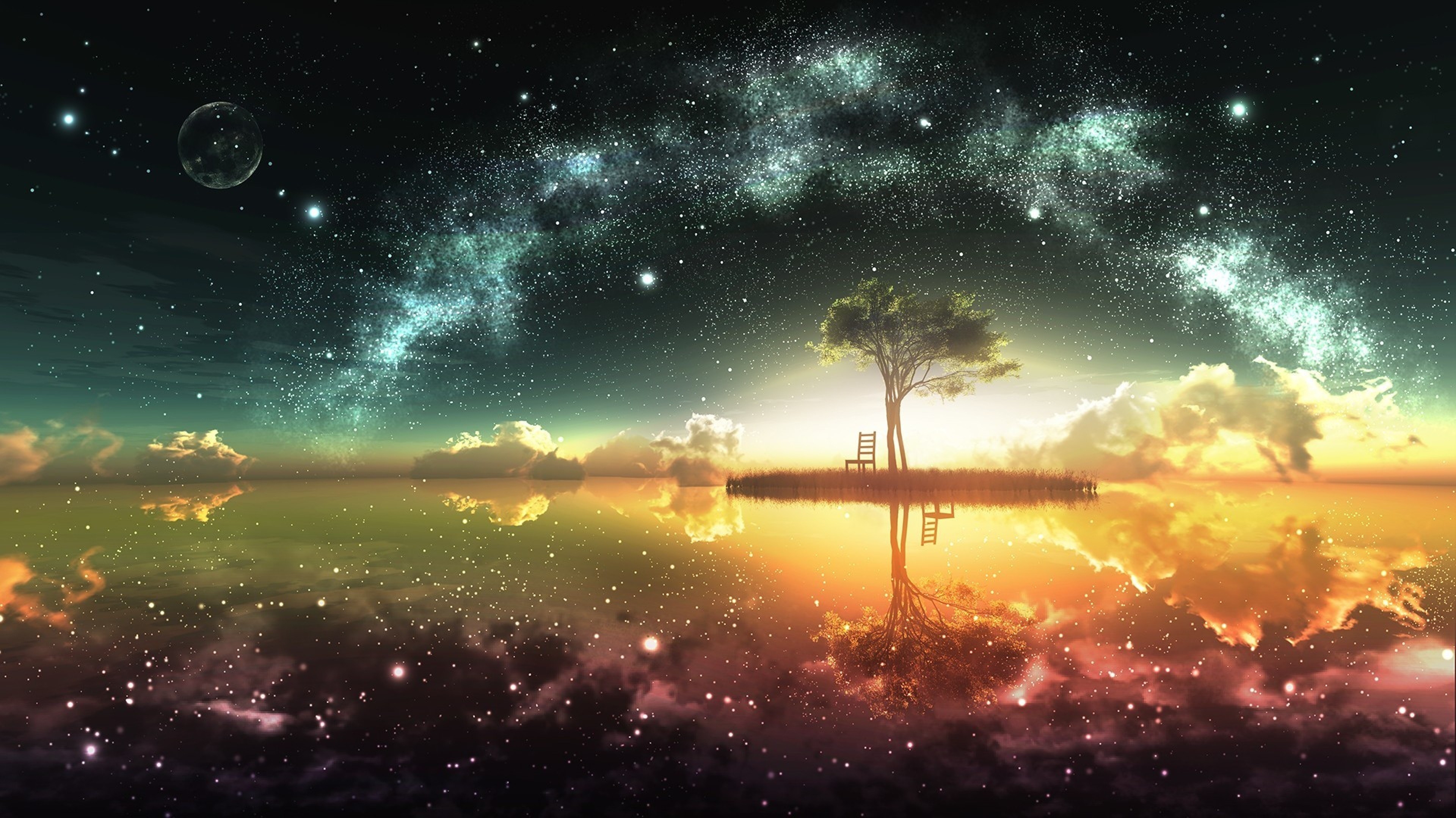 Via Lattea, Albero, Riflesso, Fantasy, Arte digitale, 3840x2160, immagine di sfondo