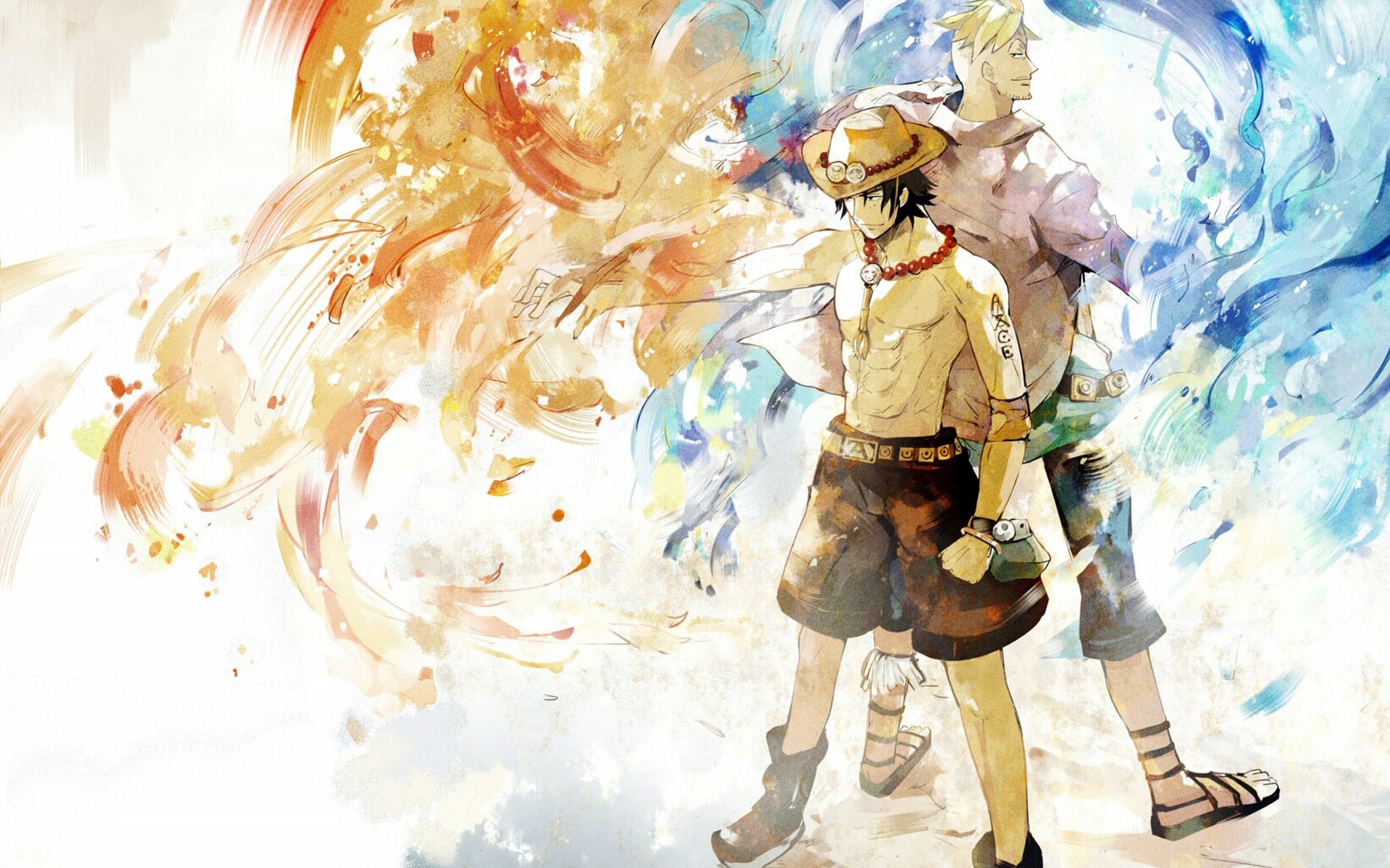 Portgas D. Ace, Marco la Fenice, Acquerello, One Piece, Fuoco, Full HD, wallpaper per portatile