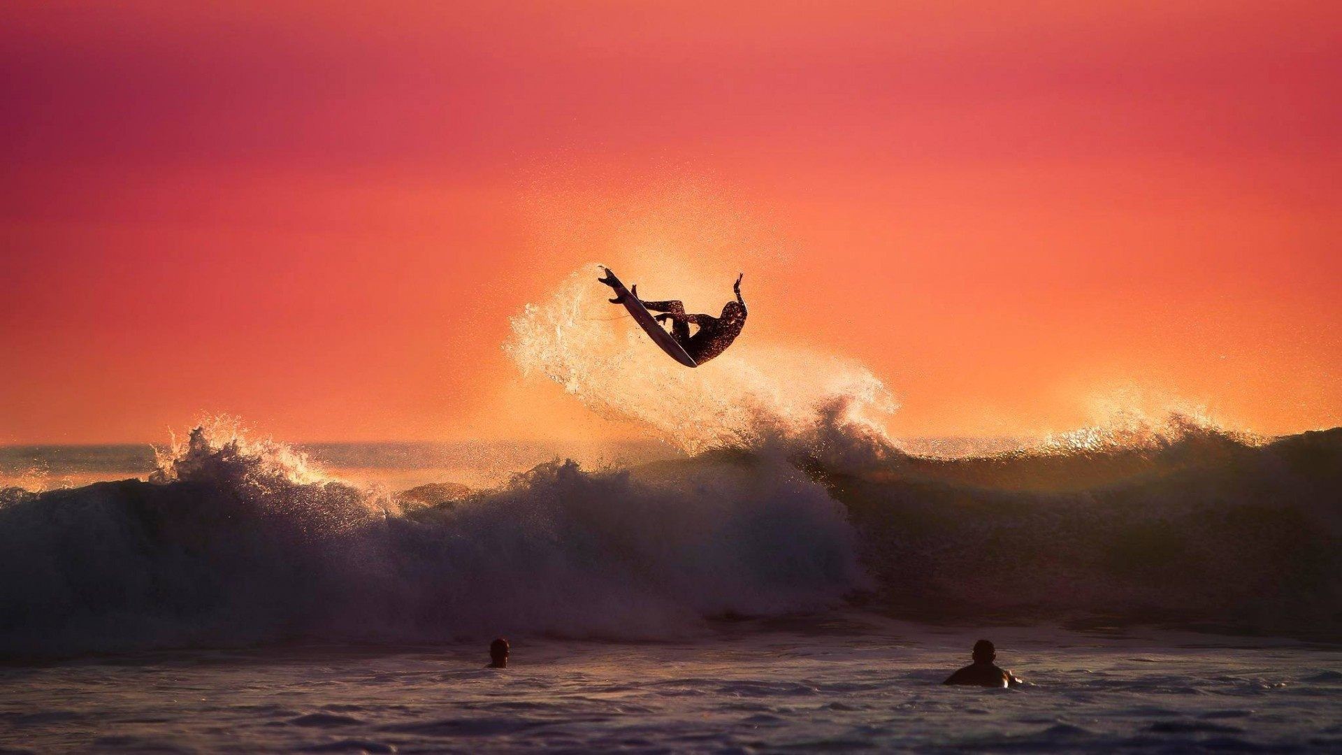 Surfista, Salto, Tramonto, Cielo rosso, Full HD 1080p, sfondo desktop