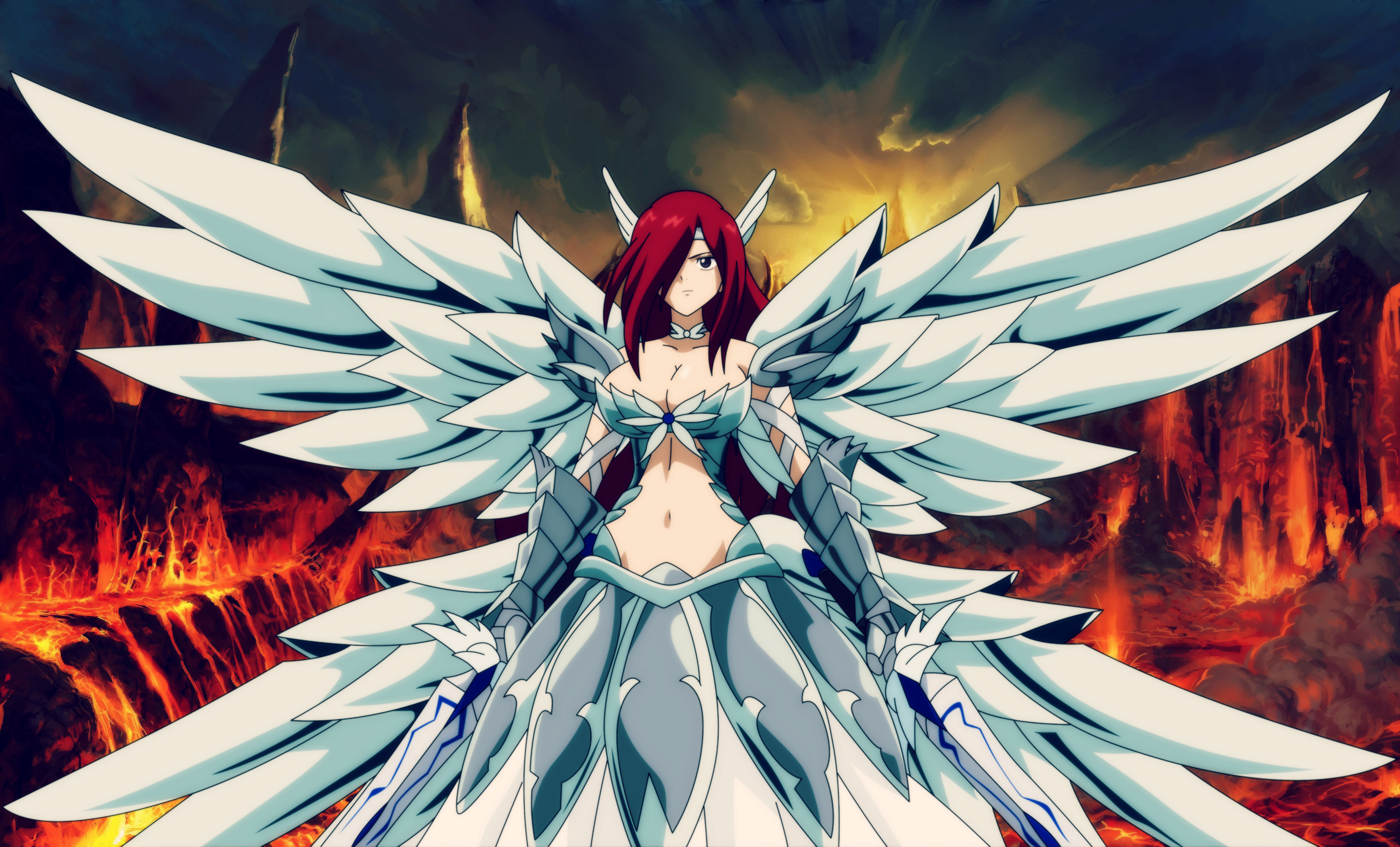 Erza Scarlet, Armatura della Ruota Celeste, Fairy Tail, Ali, Lava, sfondo 2K per computer