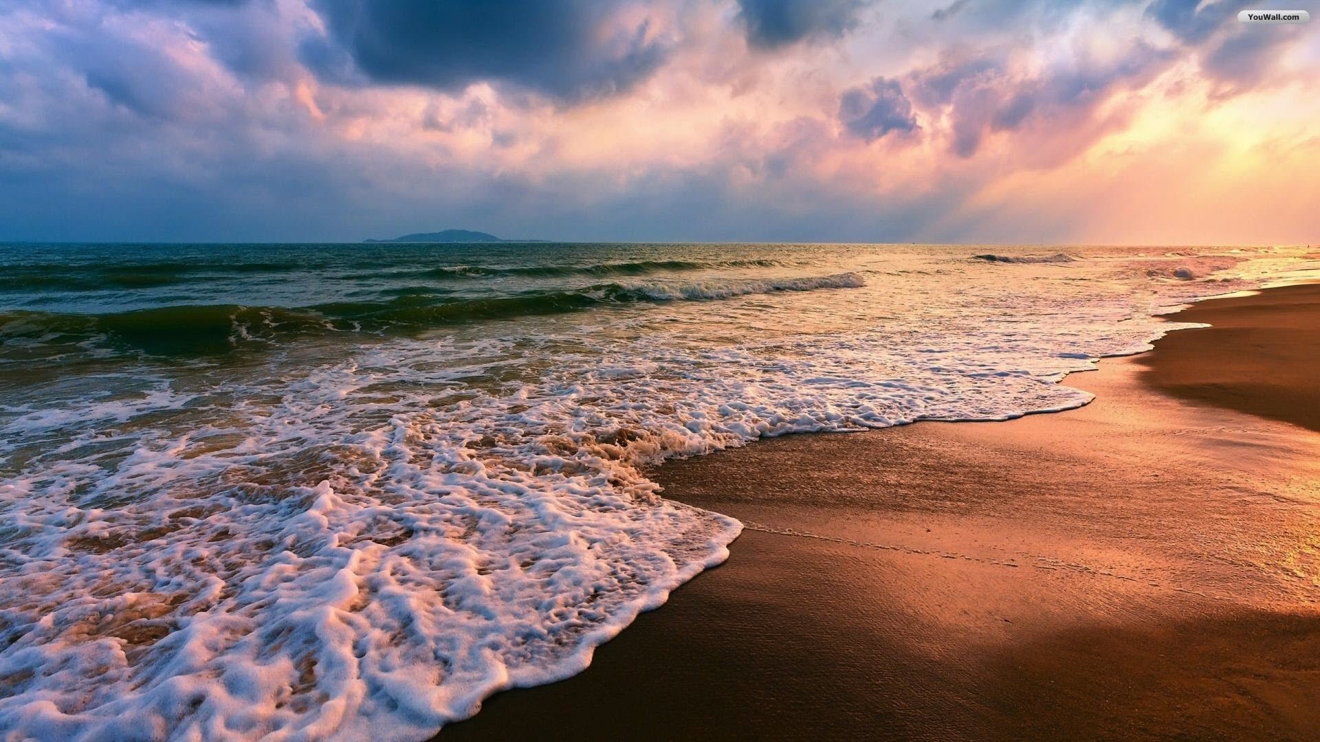 Spiaggia, Onde, Nuvole, Tramonto, Mare, 1920x1080, immagine di sfondo