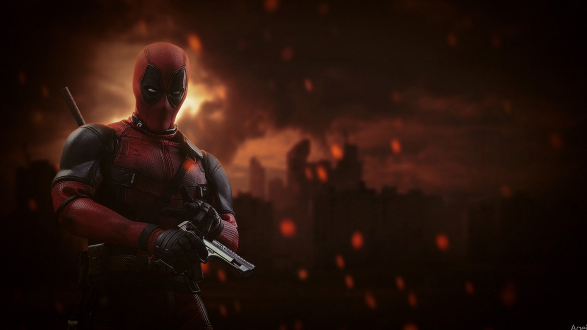 Deadpool, Pistola, Città, Fumo, 1920x1080, immagine di sfondo