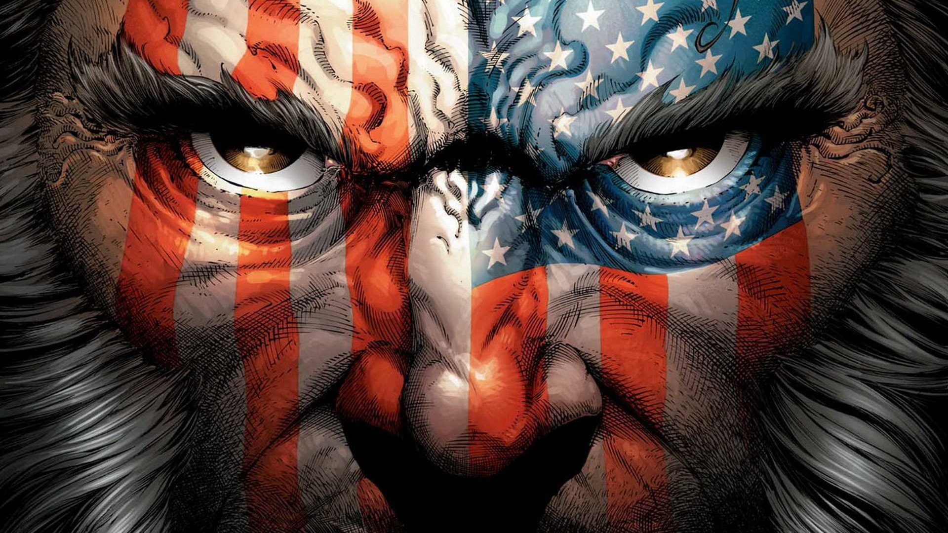 Wolverine, Bandiera americana, Pittura facciale, Primo piano, 16:9 Full HD, sfondo widescreen