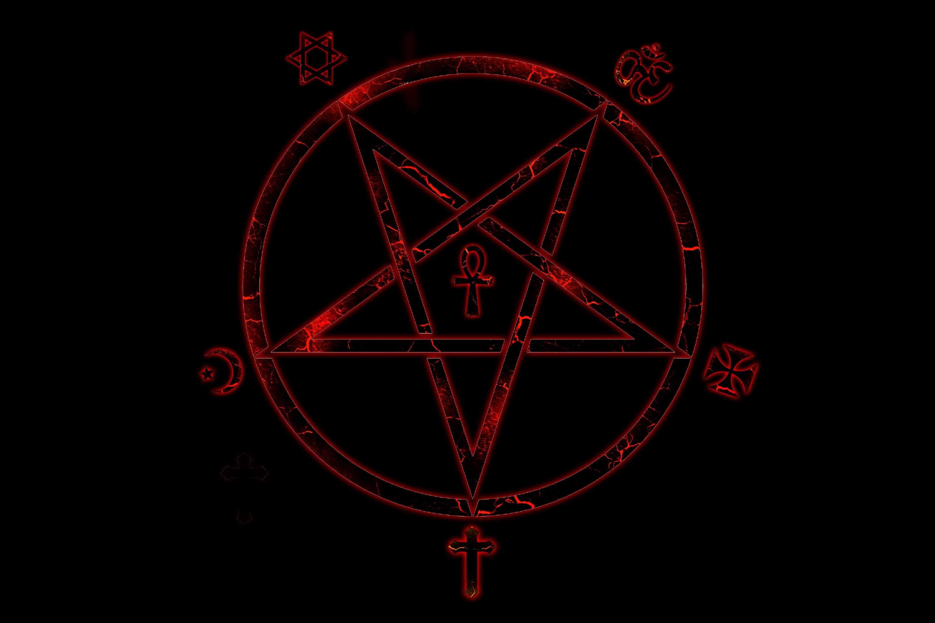 Pentagramma, Simboli occulti, Rosso, Sfondo nero, 2K, wallpaper desktop