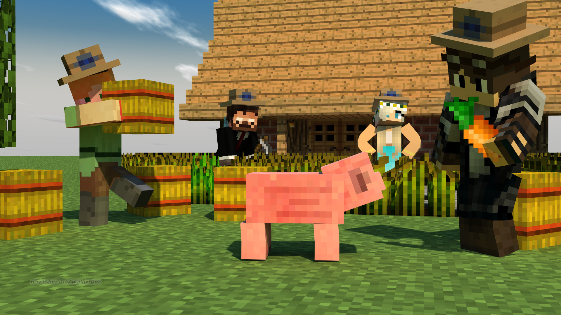 Minecraft, Skin, Maiale, Fattoria, Fieno, 1920x1080, sfondo per PC