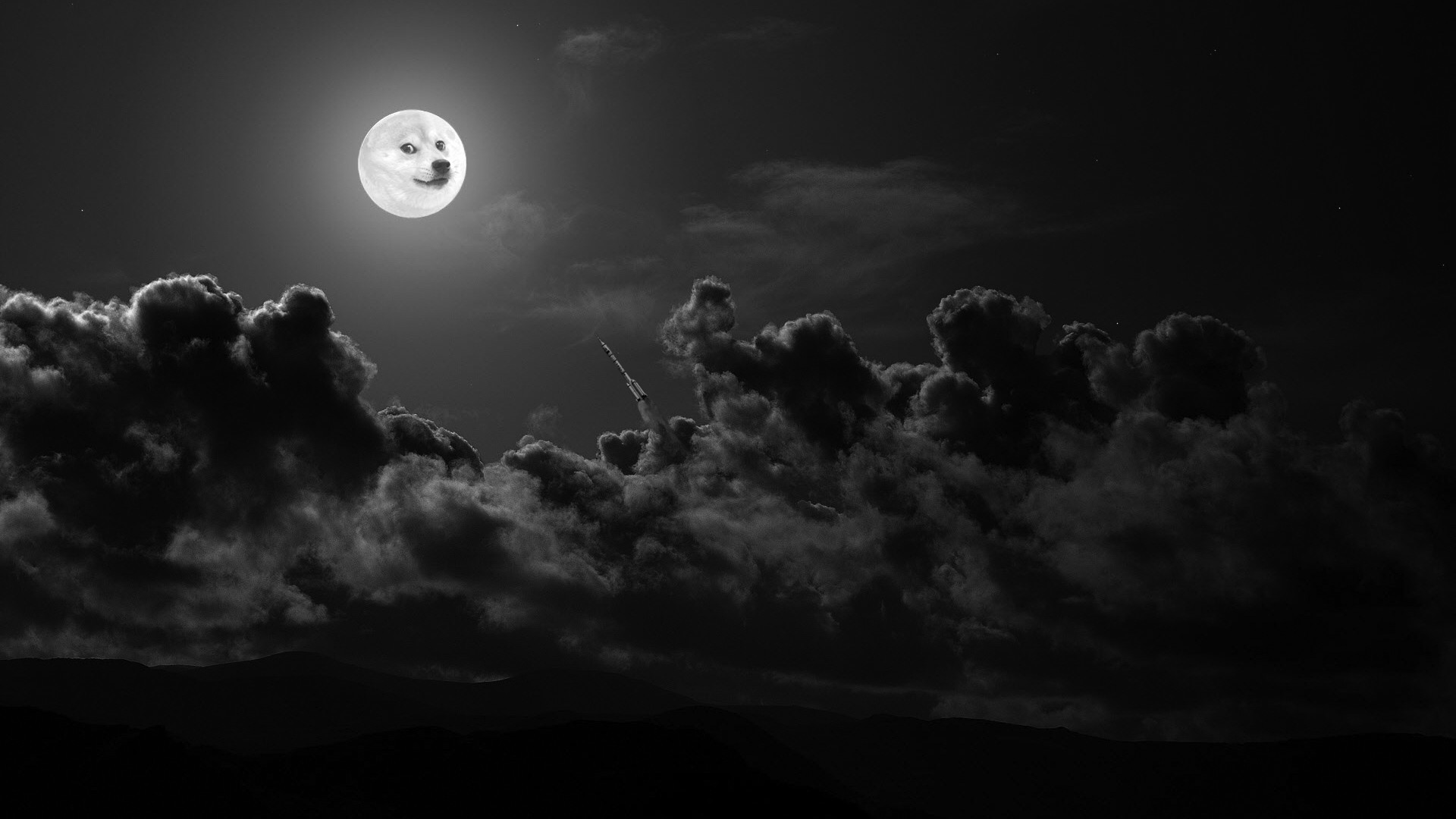Doge, Luna piena, Nuvole, Bianco e nero, Full HD, sfondo per PC e portatile