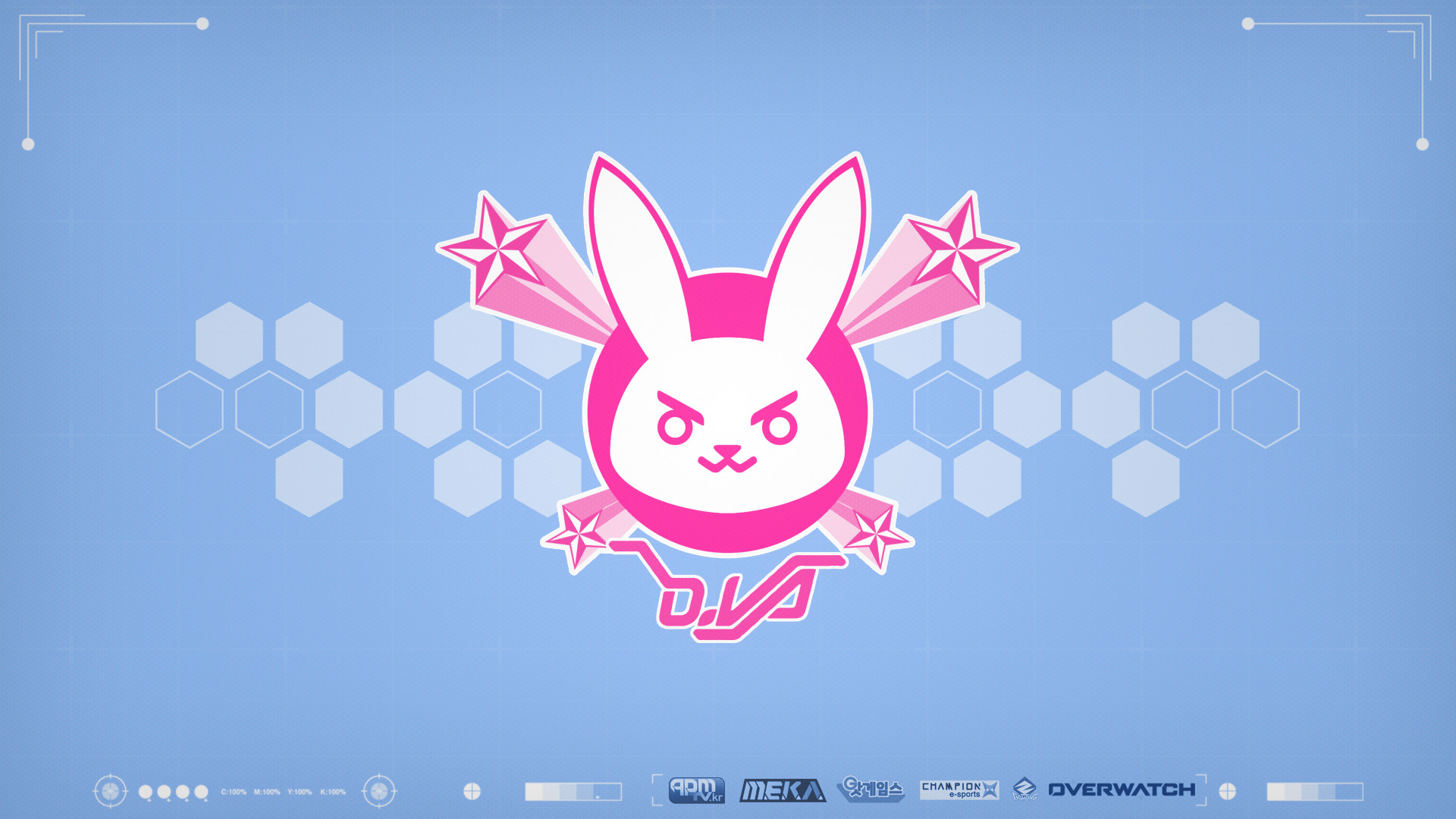 D.Va, Overwatch, Logo coniglio, Esagoni, Sfondo azzurro, 16:9 Full HD, wallpaper widescreen