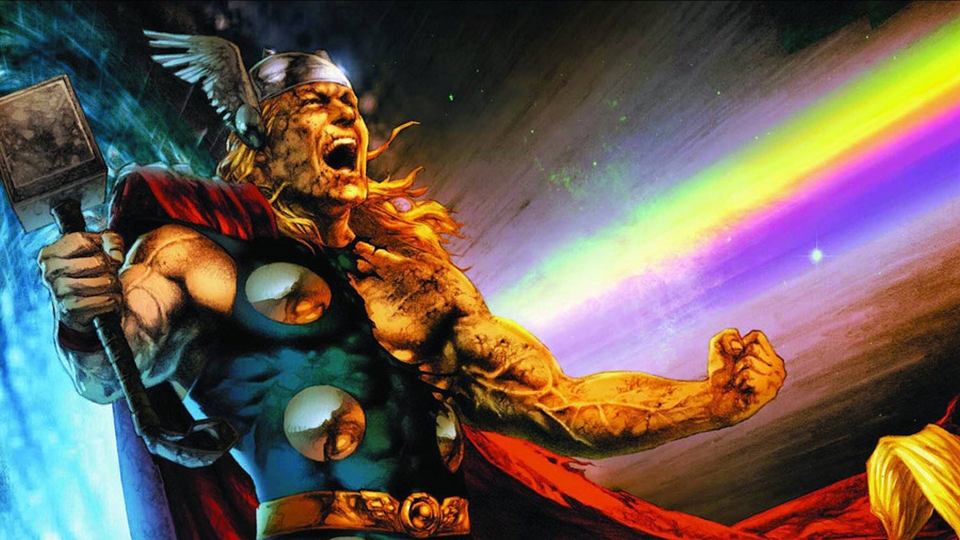 Thor, Marvel Comics, Mjolnir, Bifrost, Arcobaleno, Full HD, sfondo per PC