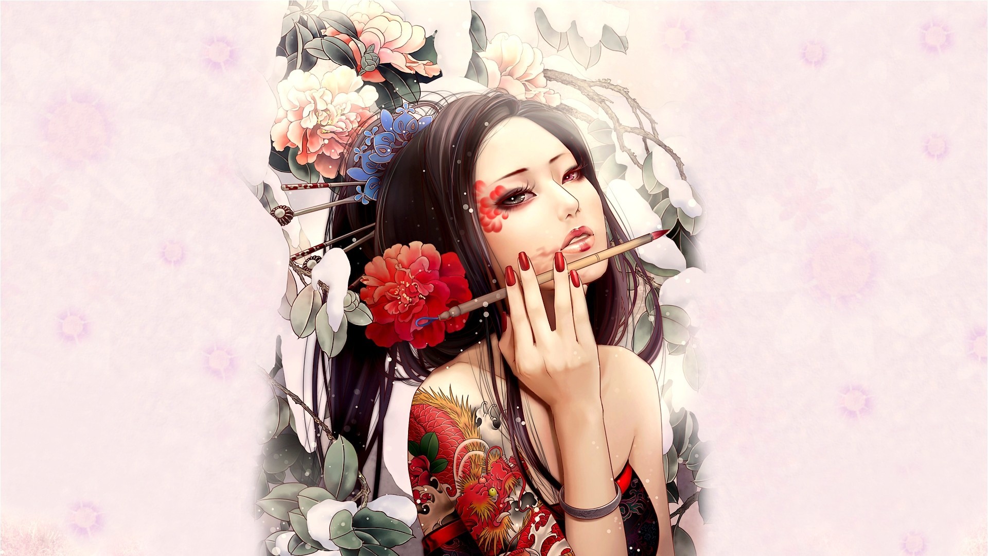 Geisha, Donna tatuata, Peonia, Illustrazione, 1920x1080, sfondo per PC