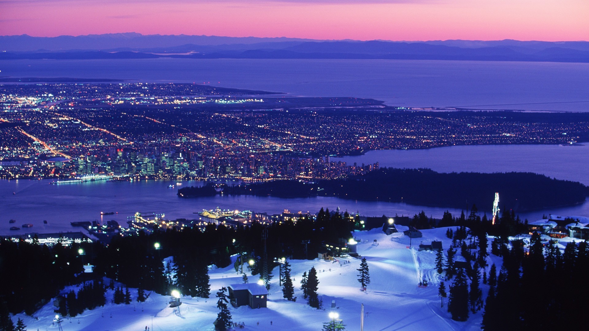 Vancouver, Grouse Mountain, Canada, Notte, Città, 16:9 Full HD, sfondo widescreen