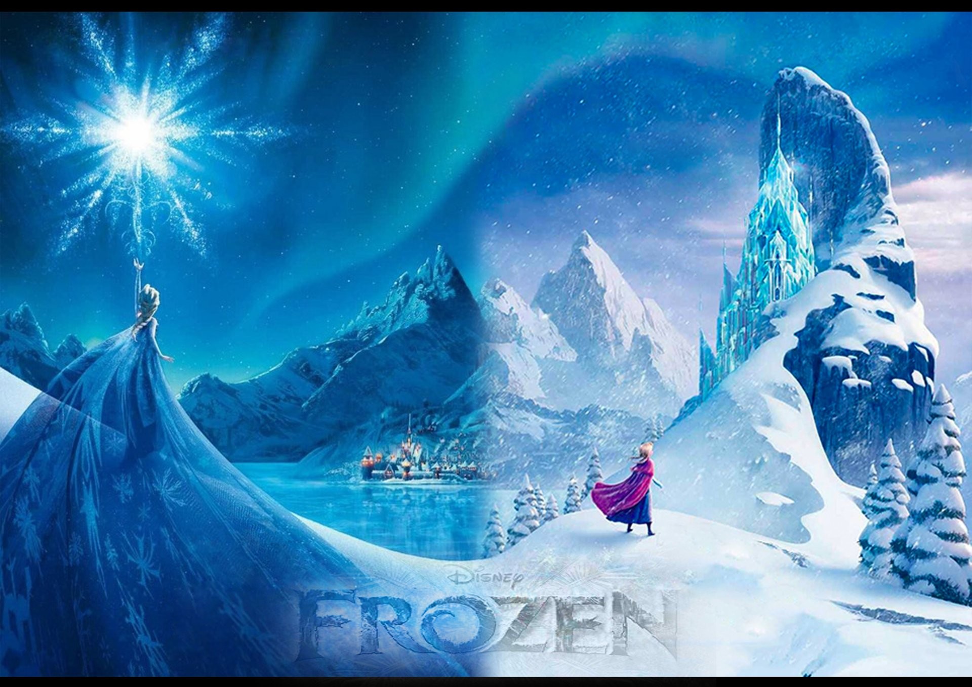 Elsa, Anna, Frozen - Il regno di ghiaccio, Palazzo di ghiaccio, Montagne, Aurora boreale, immagine di sfondo
