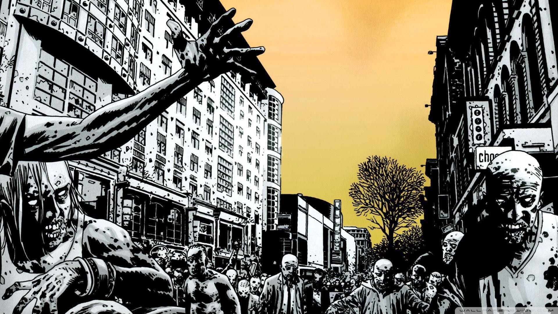 The Walking Dead, Fumetto, Zombi, Città, Bianco e nero, 1920x1080, sfondo per PC