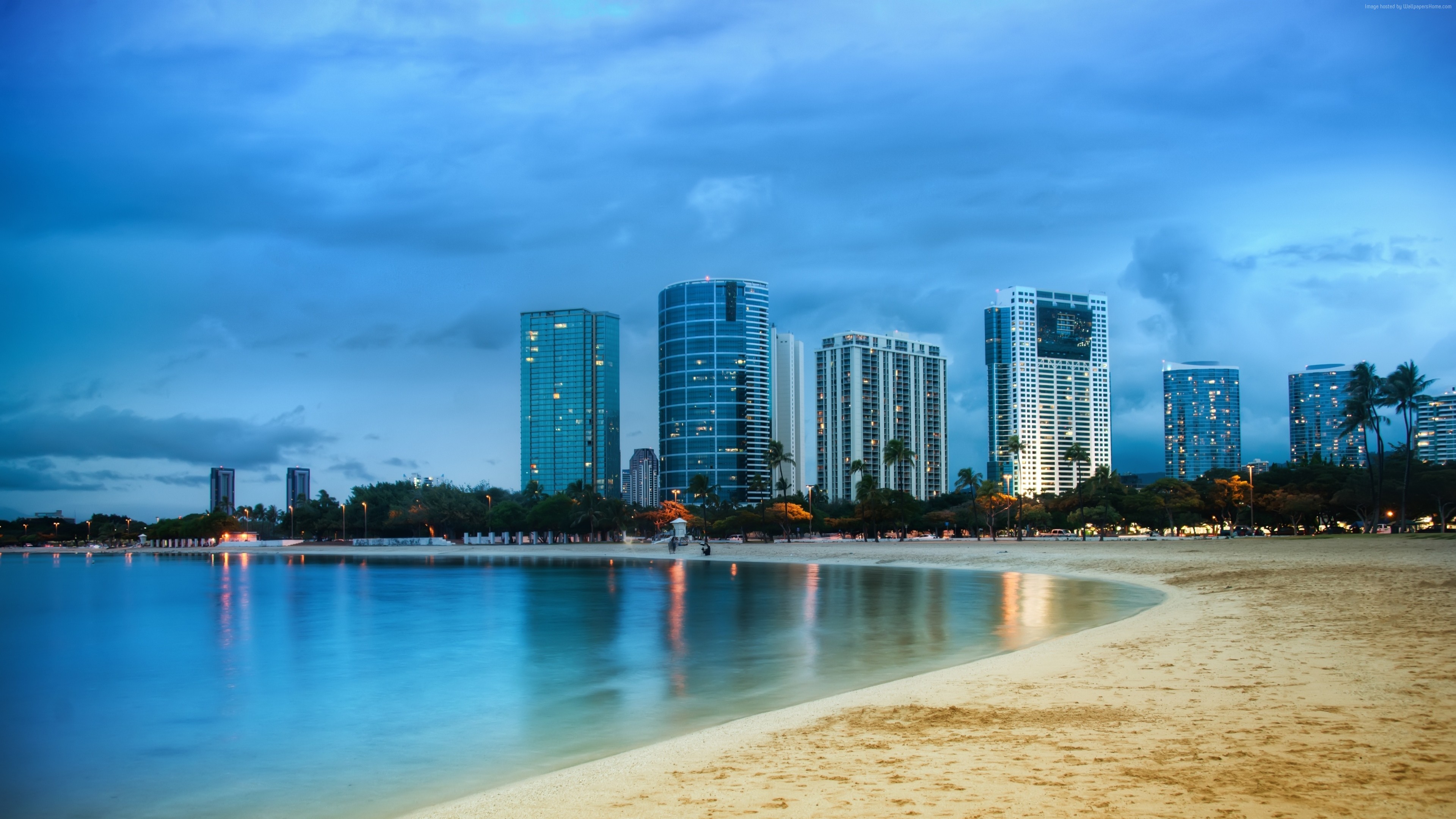 Miami, Spiaggia, Grattacieli, Crepuscolo, 4K, sfondo per PC e portatile