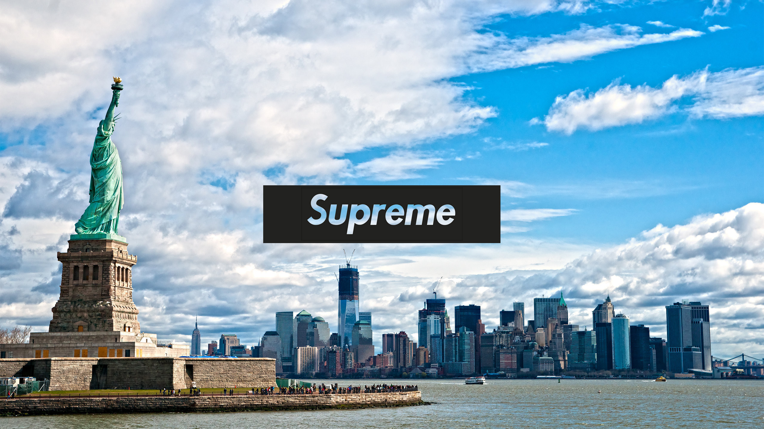 Statua della Libertà, New York, Logo Supreme, Skyline, 2K, sfondo per portatile