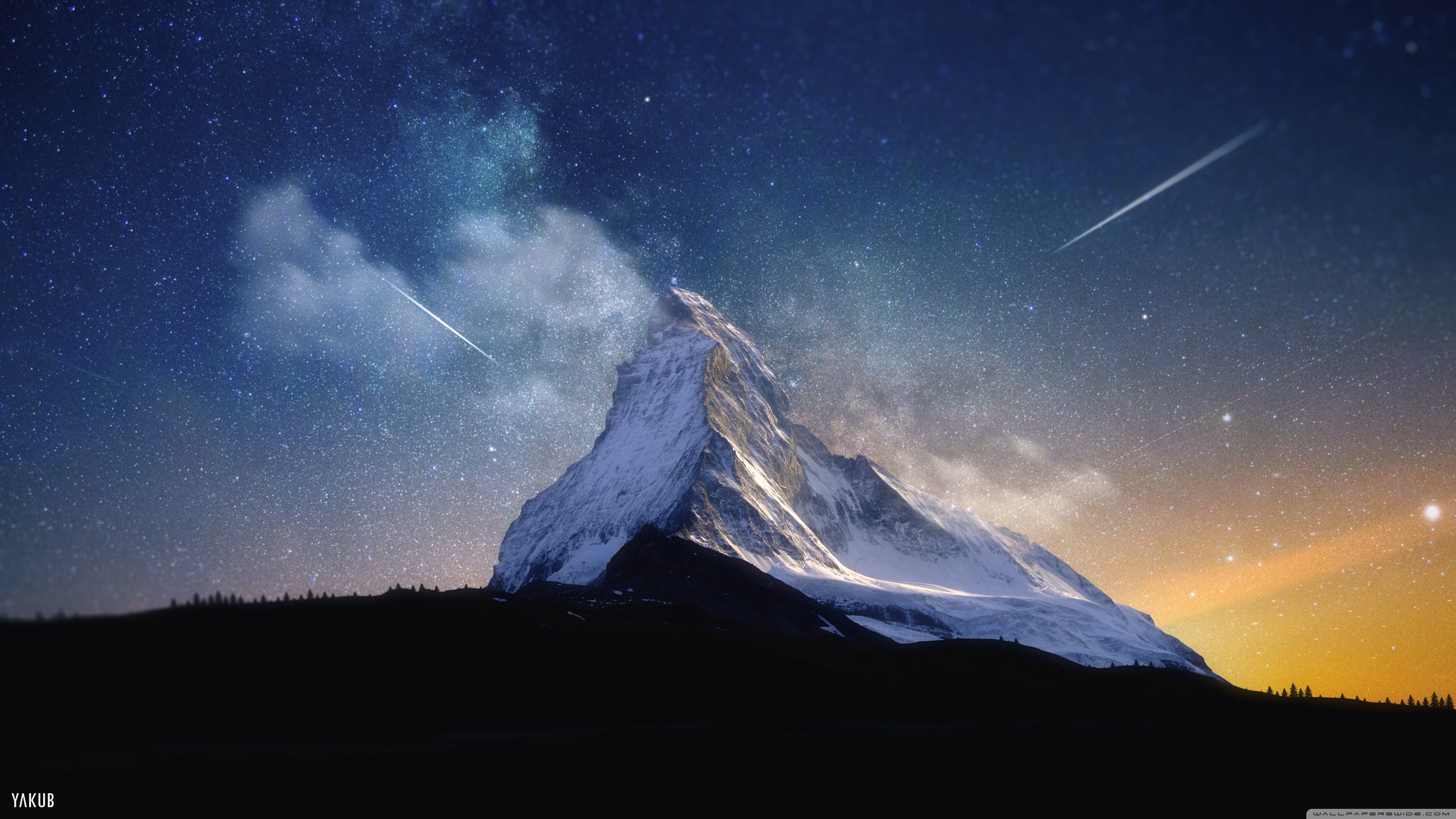 Cervino, Matterhorn, Via Lattea, Stella cadente, Notte, 3840x2160, immagine di sfondo
