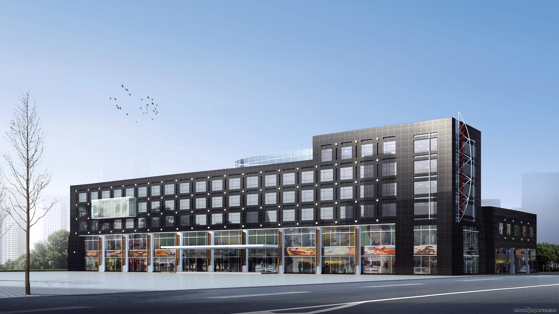 Edificio commerciale, Architettura moderna, Rendering, Facciata, sfondo desktop 1920x1080