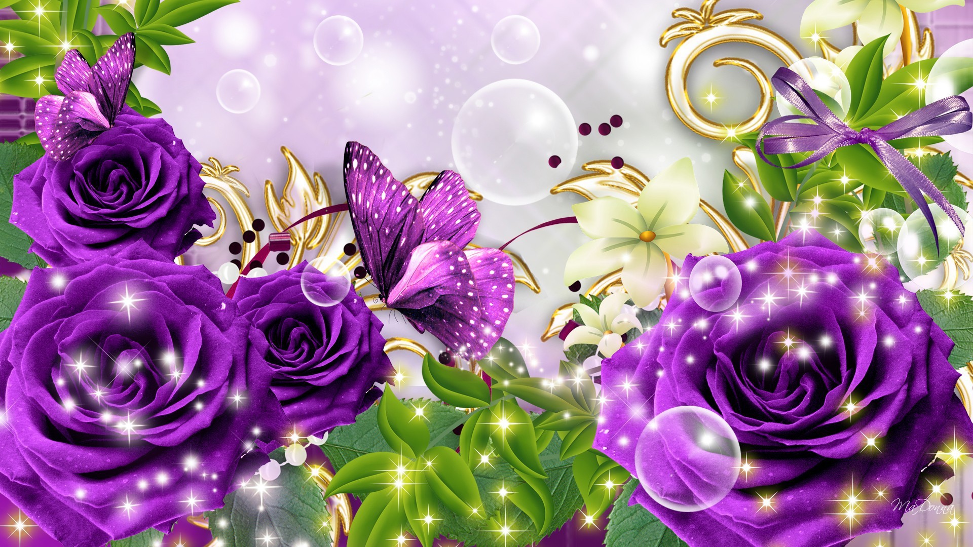 Farfalla, Rose viola, Bolle, Scintille, 16:9 Full HD, sfondo widescreen