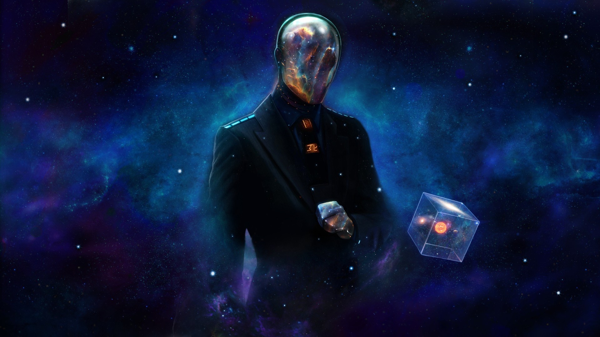 Uomo nello spazio, Cubo, Arte surreale, Nebulosa, 16:9 Full HD, sfondo widescreen