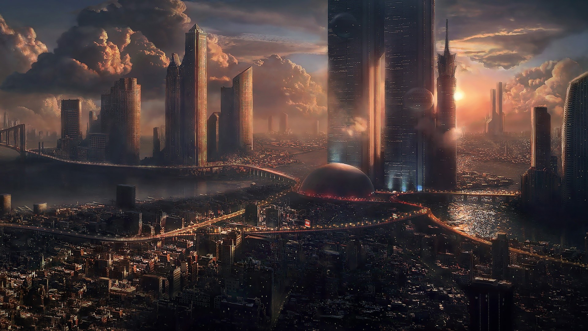 Città futuristica, Grattacieli, Tramonto, Nuvole, Fantascienza, Full HD, sfondo per PC