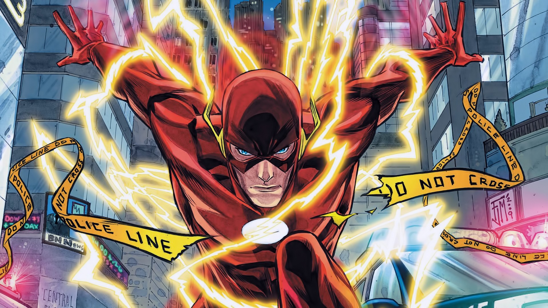 Flash, Fumetto, Nastro della polizia, Città, Full HD, sfondo per portatile