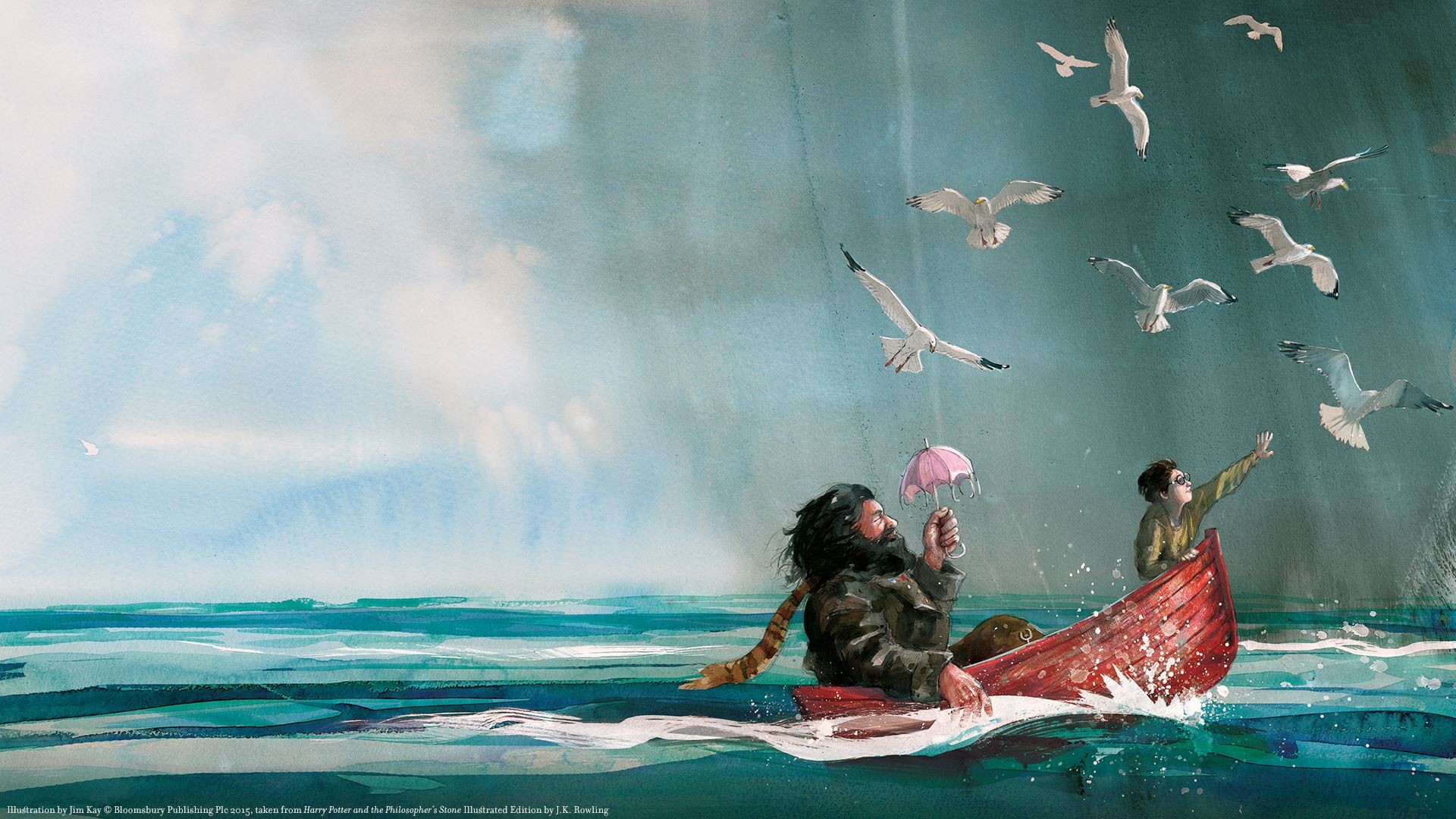 Rubeus Hagrid, Harry Potter, Barca, Mare, Acquerello, Full HD, sfondo desktop