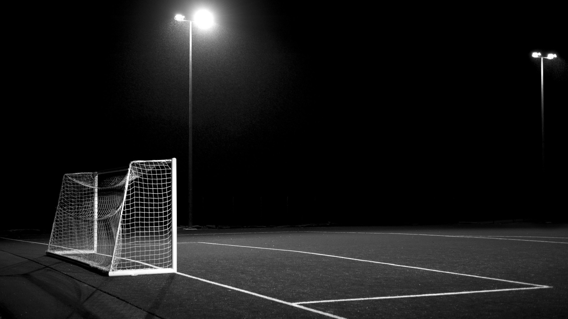 Porta da calcio, Campo, Notte, Bianco e nero, 1920x1080, sfondo per PC
