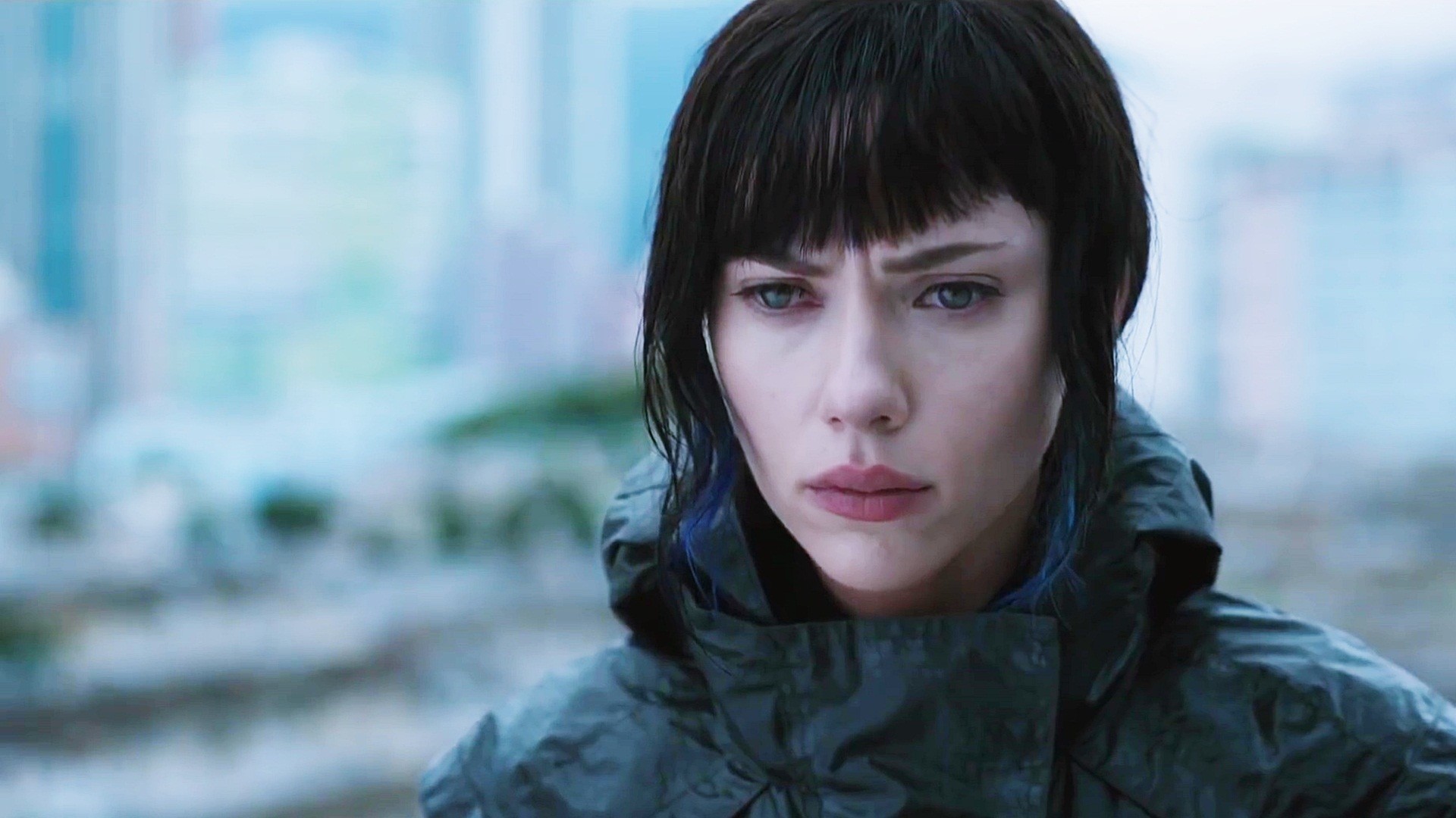 Scarlett Johansson, Ghost in the Shell, Motoko Kusanagi, Capelli neri, sfondo widescreen Full HD