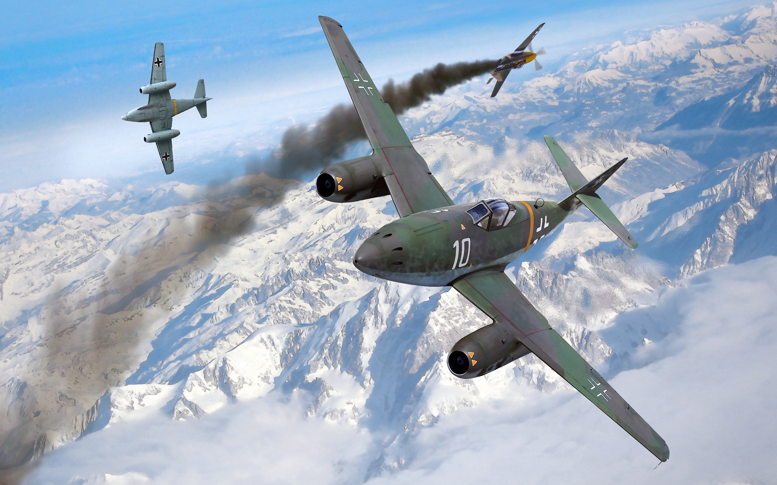 Messerschmitt Me 262, Luftwaffe, Combattimento aereo, Montagne innevate, Dipinto, sfondo desktop