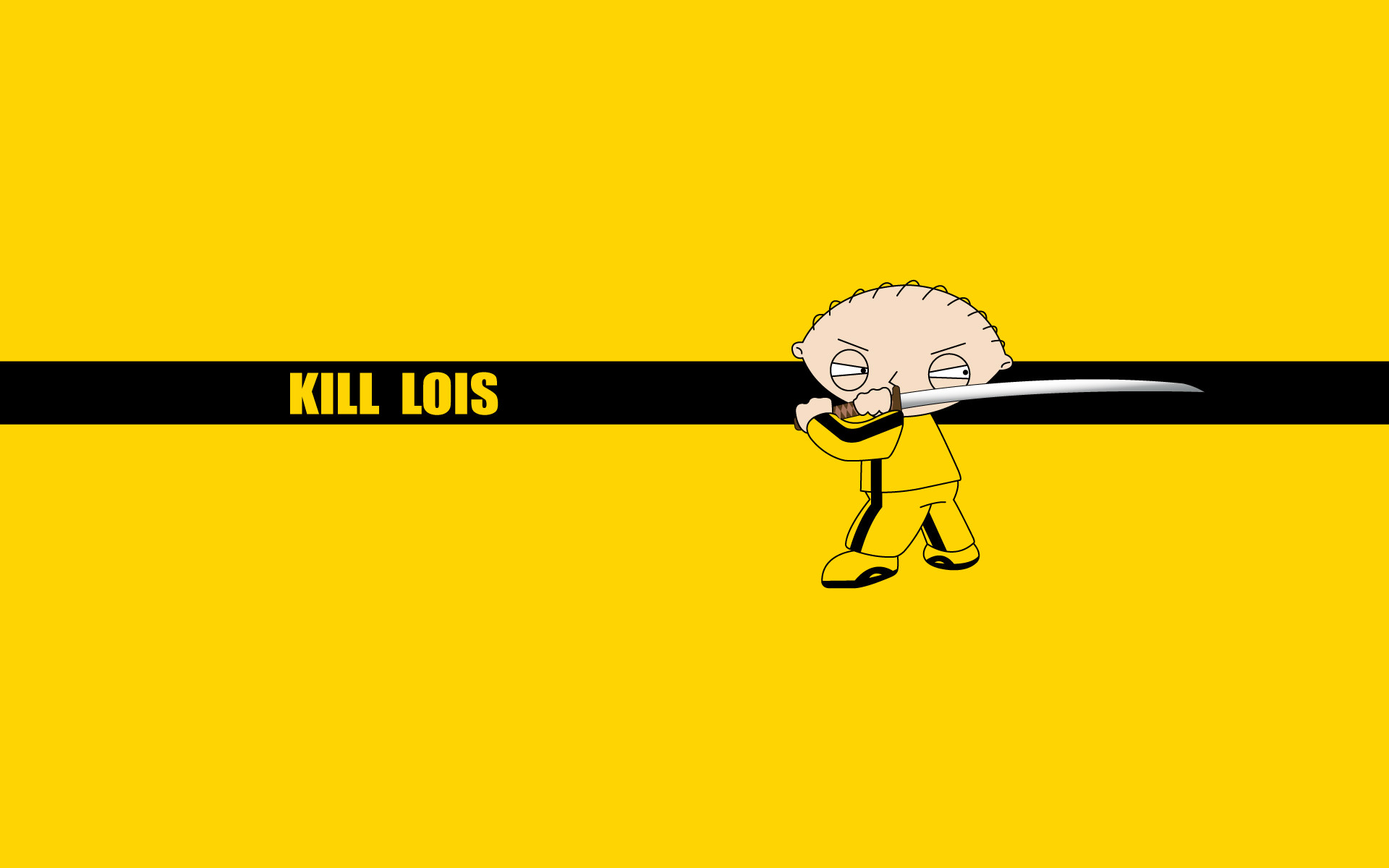 Stewie Griffin, I Griffin, Parodia, Kill Bill, Sfondo giallo, 16:10 Full HD, wallpaper widescreen