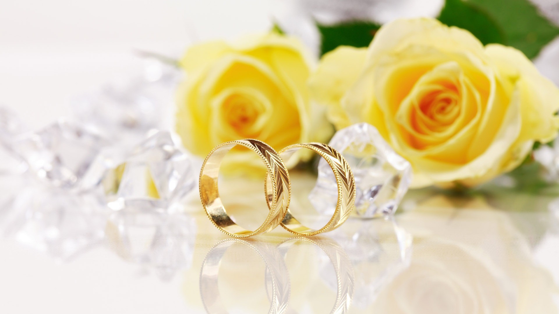 Fedi nuziali, Rose gialle, Cristalli, Anelli d'oro, 1920x1080, wallpaper desktop