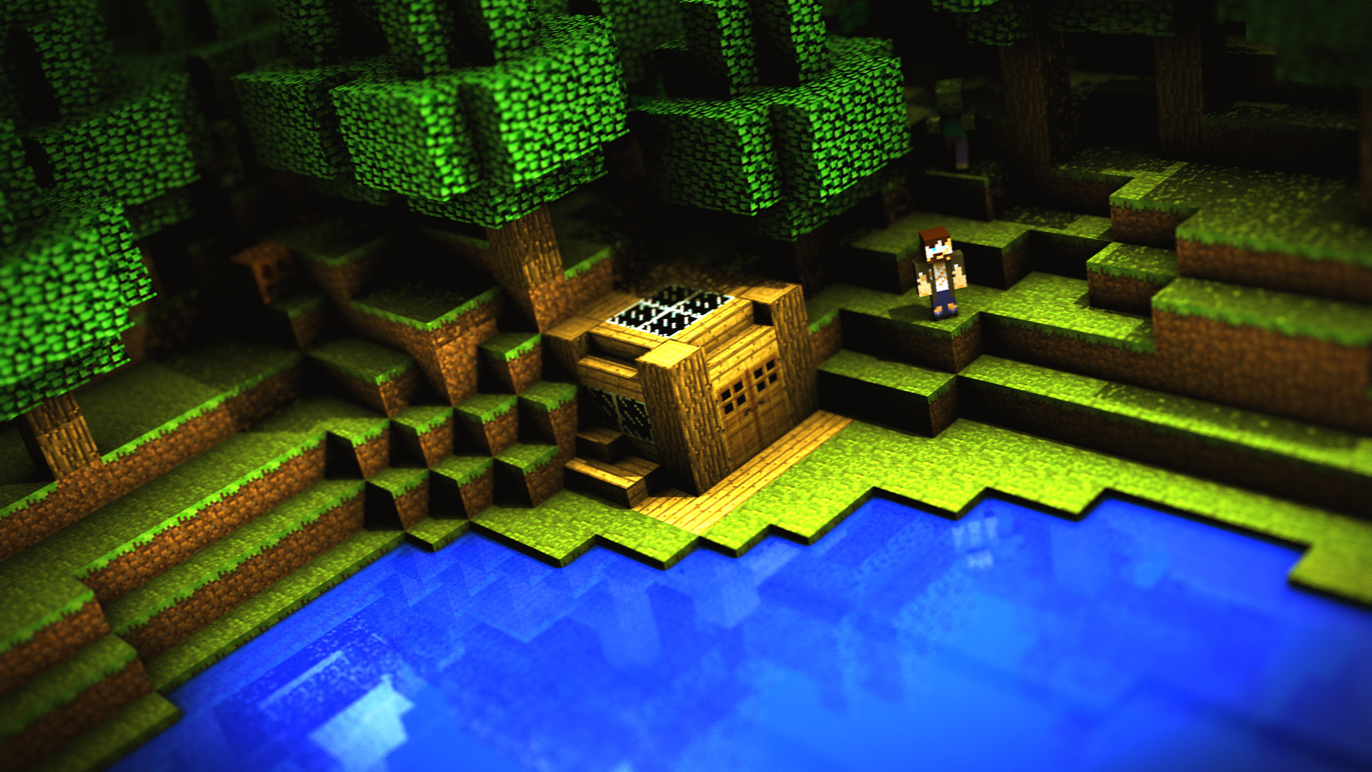 Minecraft, Steve, Lago, Foresta, Full HD, wallpaper per PC