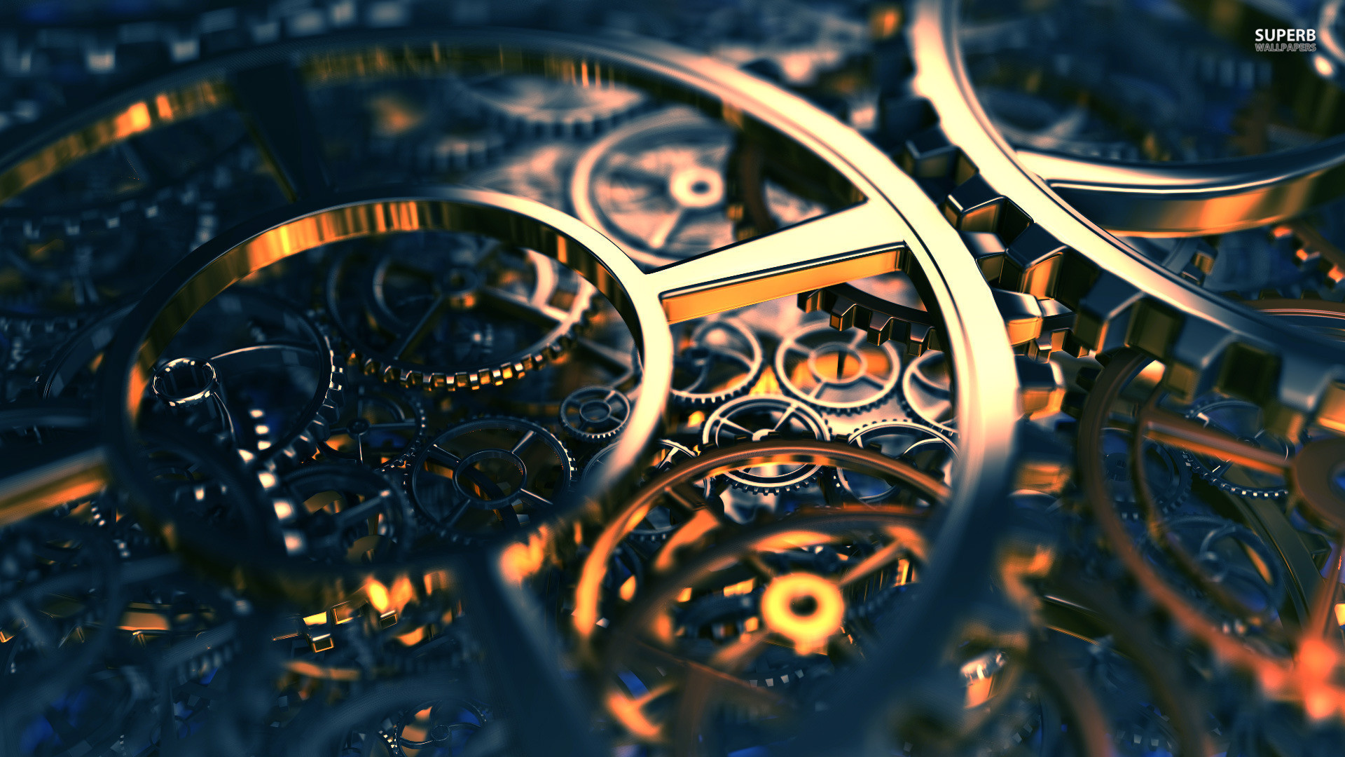 Ingranaggi, Meccanismo, Arte 3D, Oro, 16:9 Full HD, sfondo widescreen