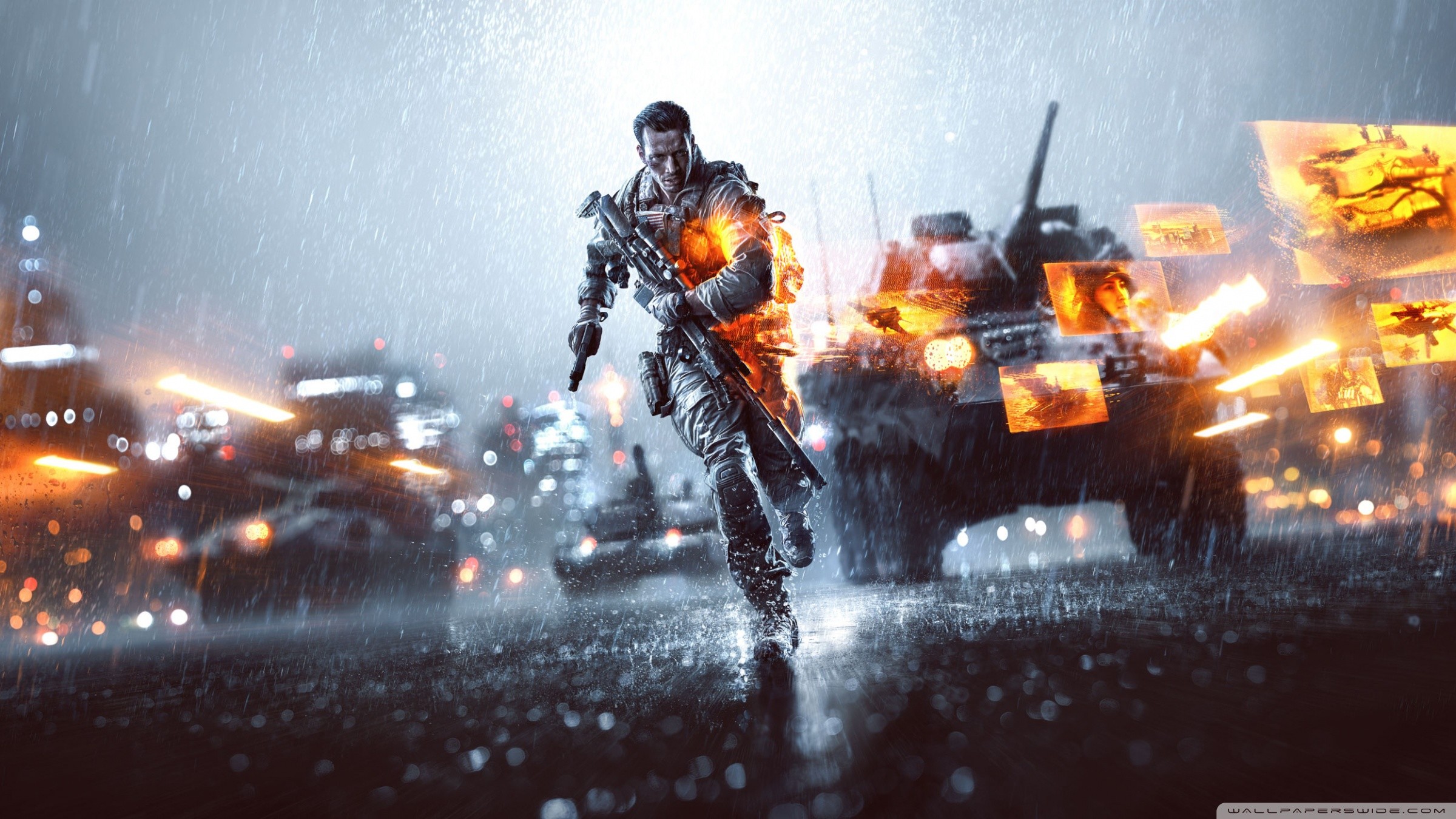 Battlefield 4, Soldato, Veicolo blindato, Pioggia, Esplosioni, Full HD, wallpaper per computer
