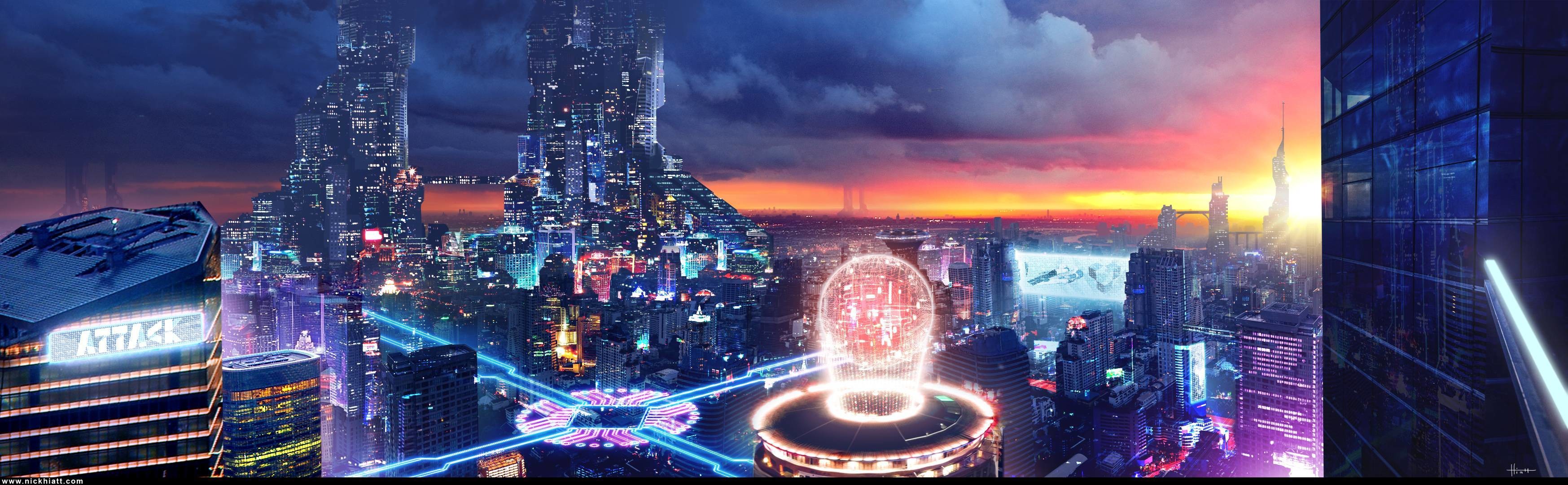 Città futuristica, Tramonto, Ologramma, Grattacieli, doppio schermo, sfondo HD