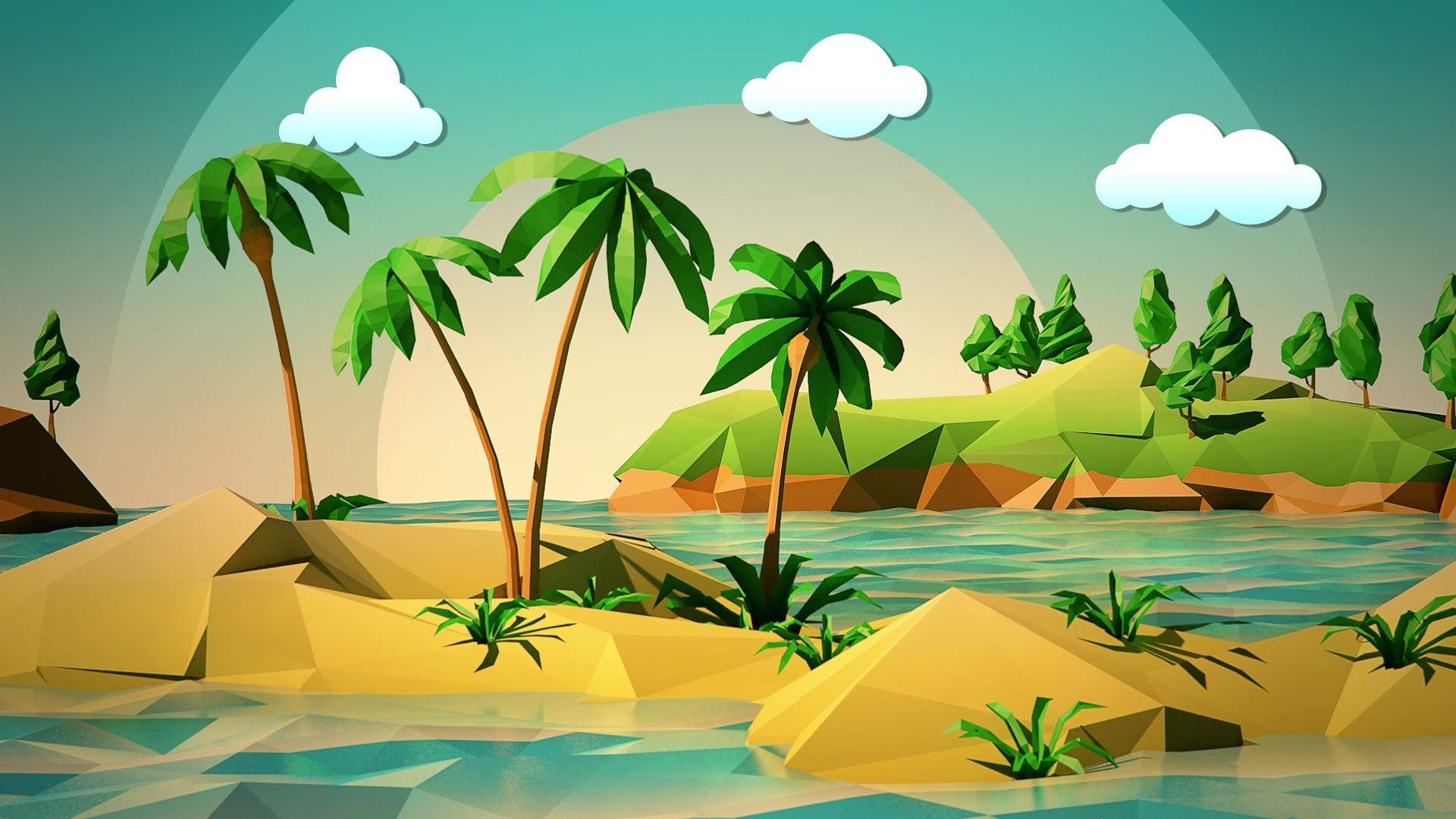 Low poly, Isola tropicale, Palme, Nuvole, Full HD, sfondo desktop