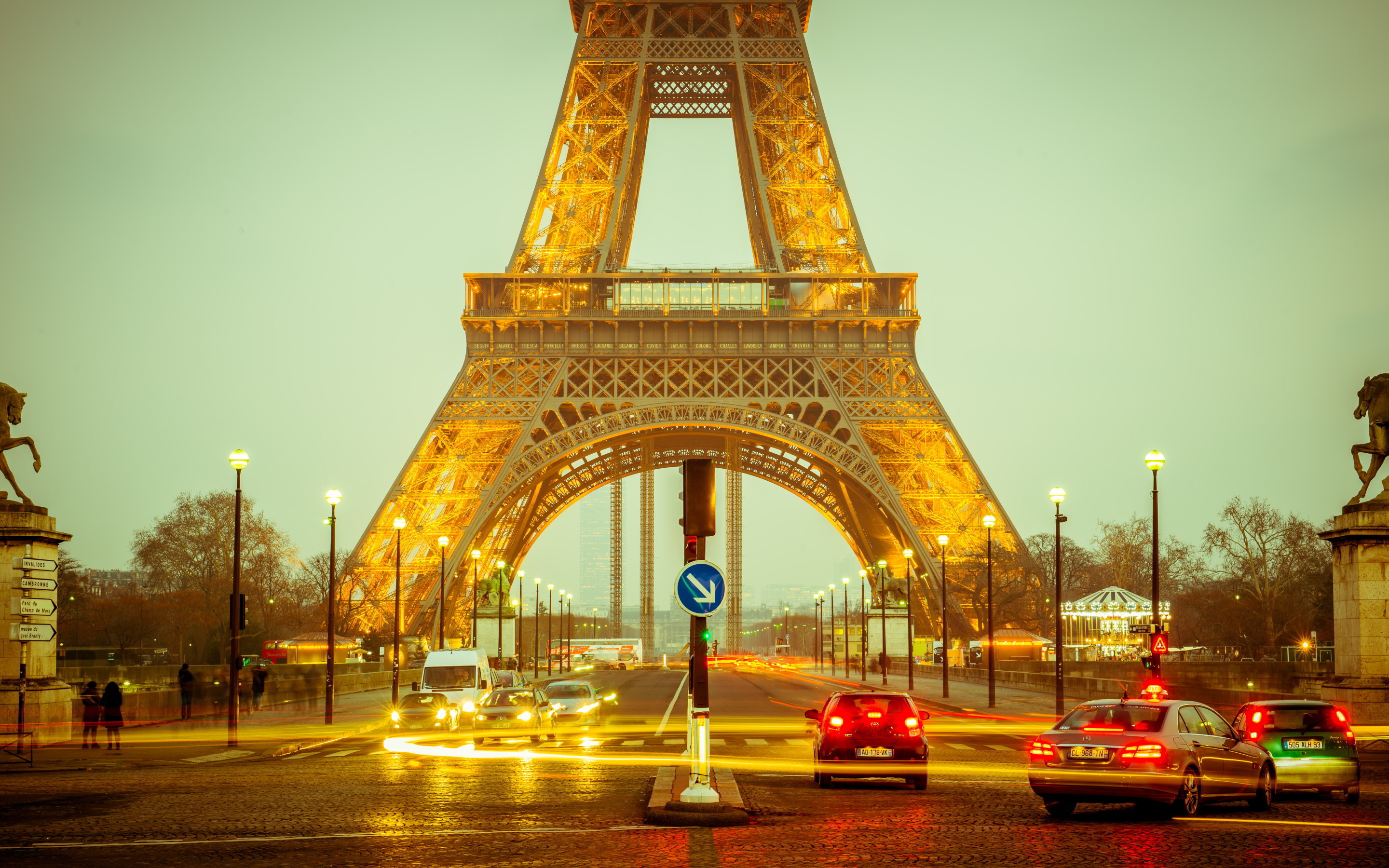 Torre Eiffel, Parigi, Strada, Luci, Sera, 2K, wallpaper per PC