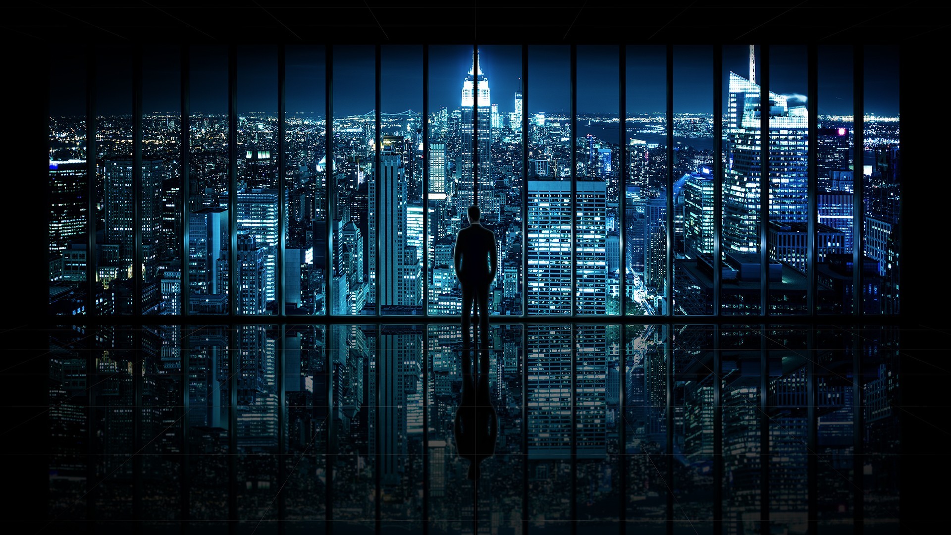 Silhouette, Vetrata, Skyline notturno, New York, Toni blu, Full HD, sfondo per PC