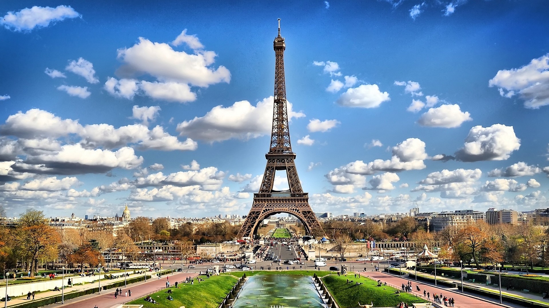 Torre Eiffel, Trocadéro, Parigi, Cielo azzurro, Nuvole, Full HD, wallpaper per computer