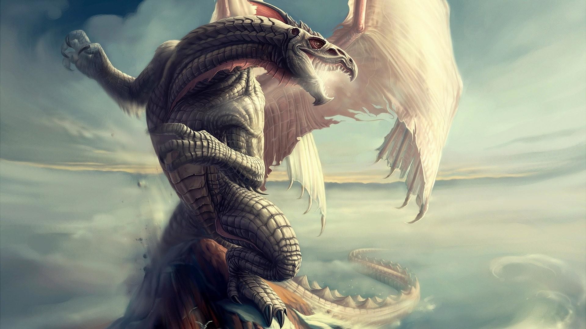 Drago bianco, Ali, Nebbia, Arte fantasy, Full HD, sfondo per portatile