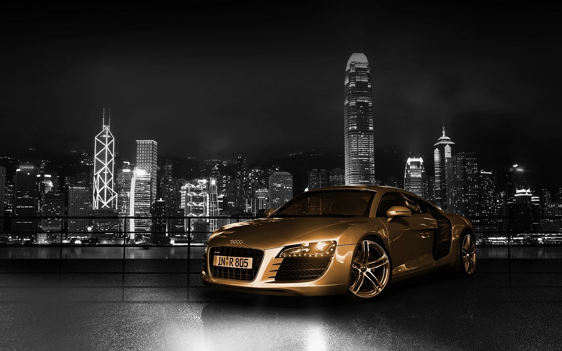 Audi R8, Audi, Hong Kong, Oro, Notte, 16:10 Full HD, sfondo widescreen