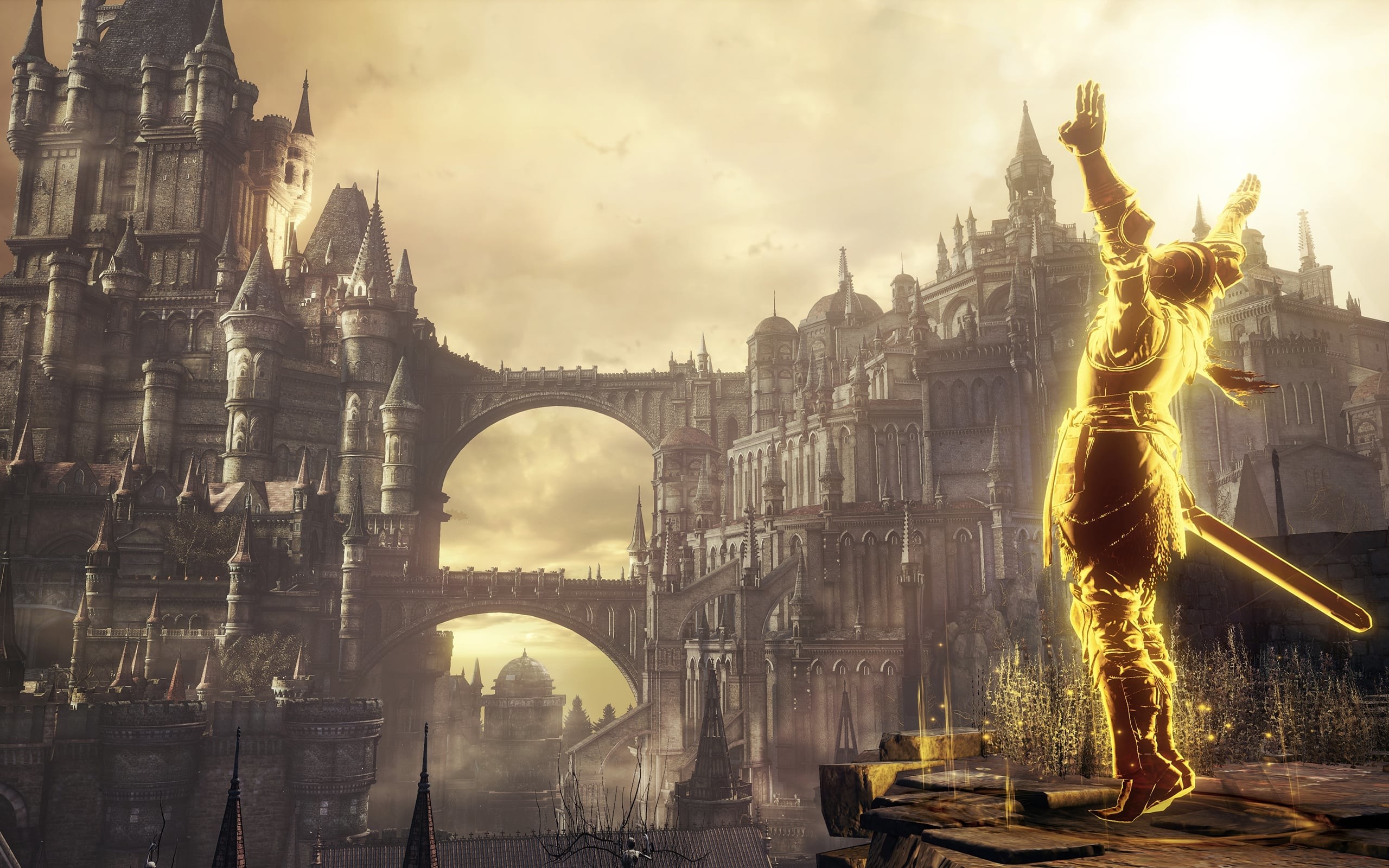 Dark Souls III, Lothric, Lode al sole, Silhouette dorata, 16:10 2K, sfondo widescreen