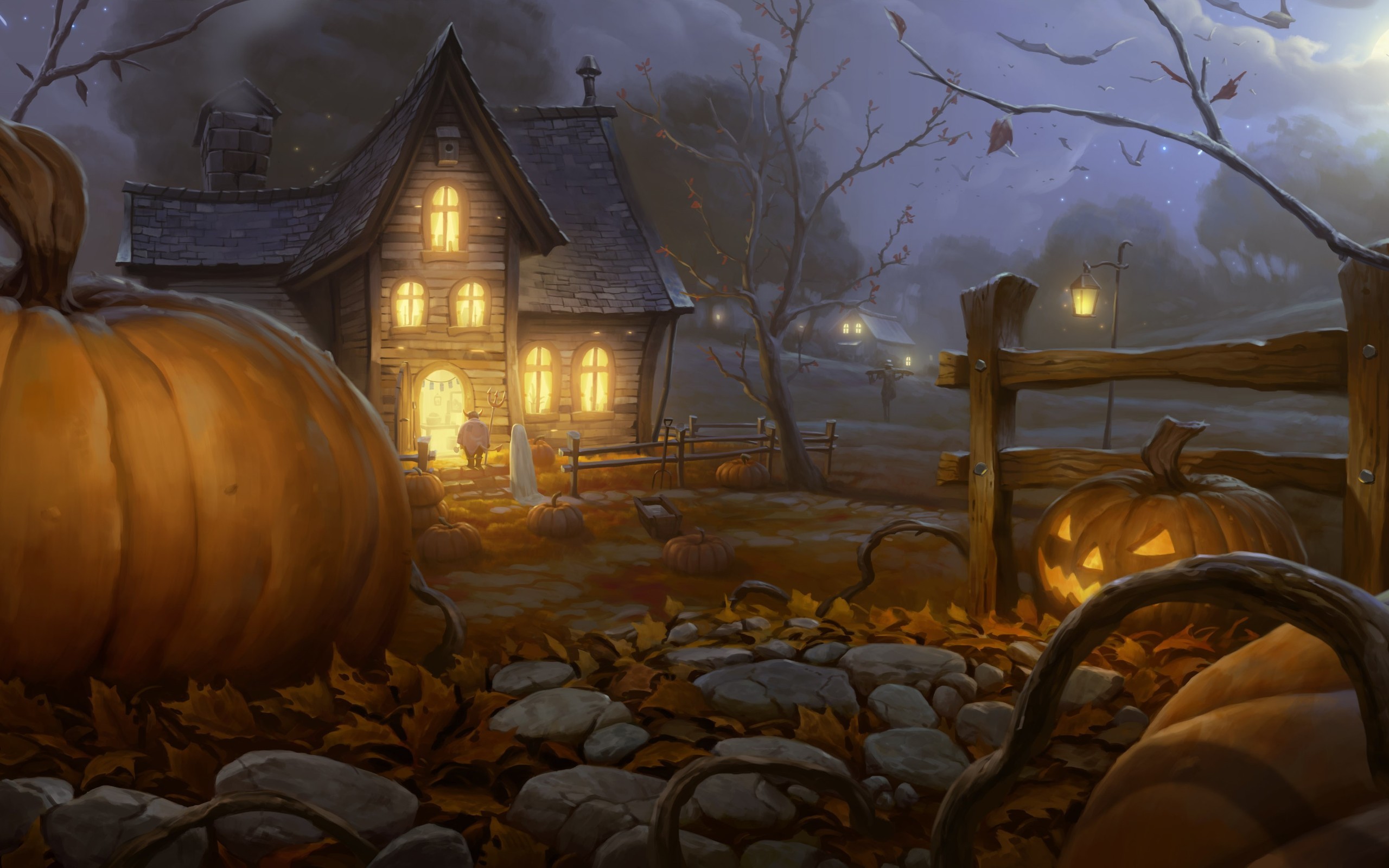 Casa nel bosco, Zucche, Recinto, Foglie secche, Crepuscolo, 2K, wallpaper per portatile