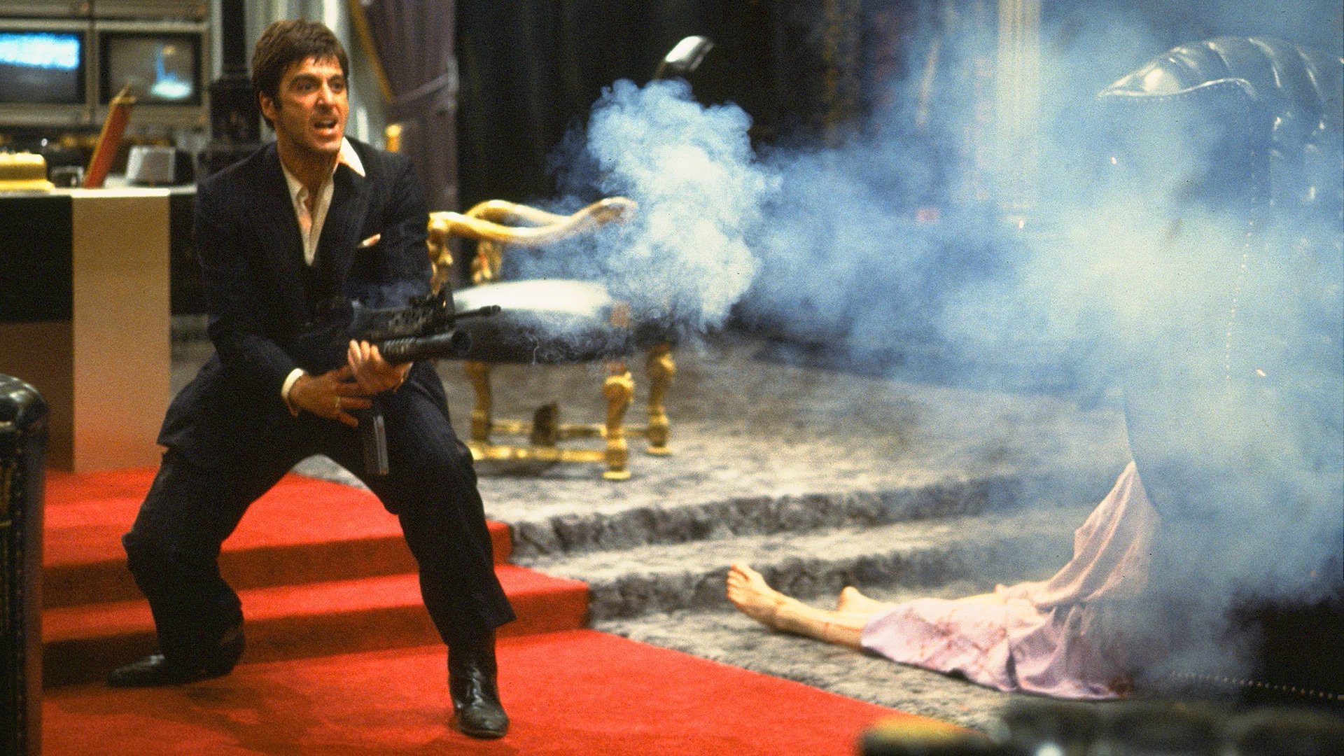 Tony Montana, Al Pacino, Scarface, Scena finale, Fumo, Full HD, sfondo Windows 11