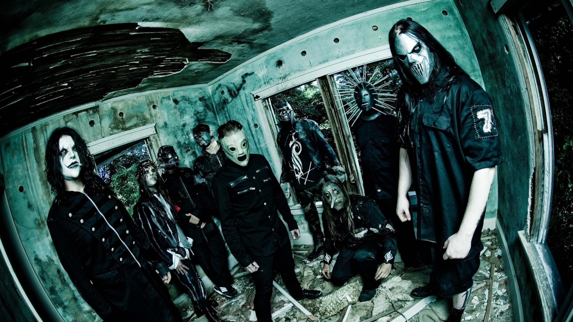 Slipknot, All Hope Is Gone, Foto di gruppo, Maschere, Fisheye, Full HD, wallpaper desktop