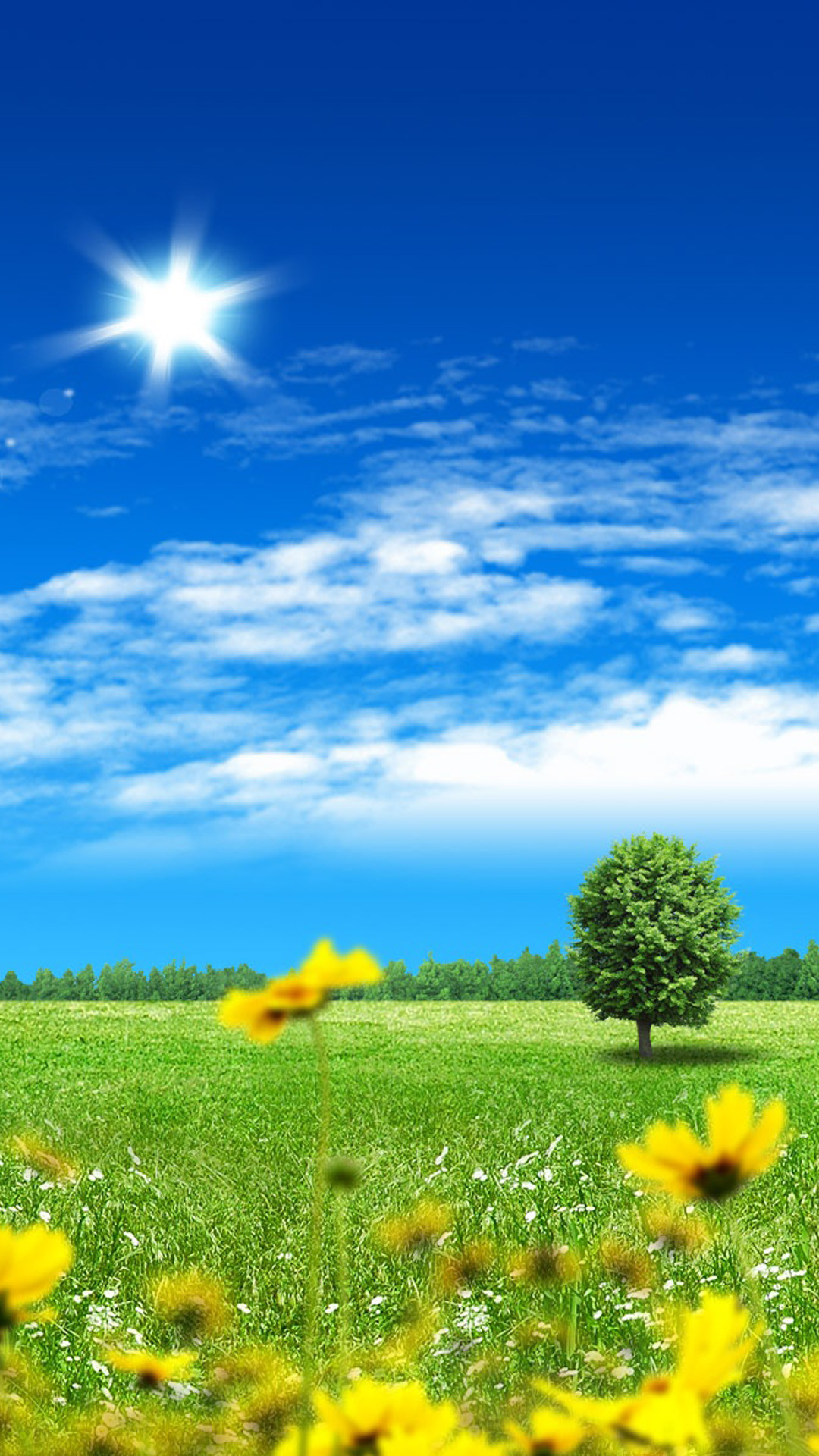 Prato, Girasoli, Albero, Cielo blu, Sole, 1080x1920, schermata di blocco iPhone