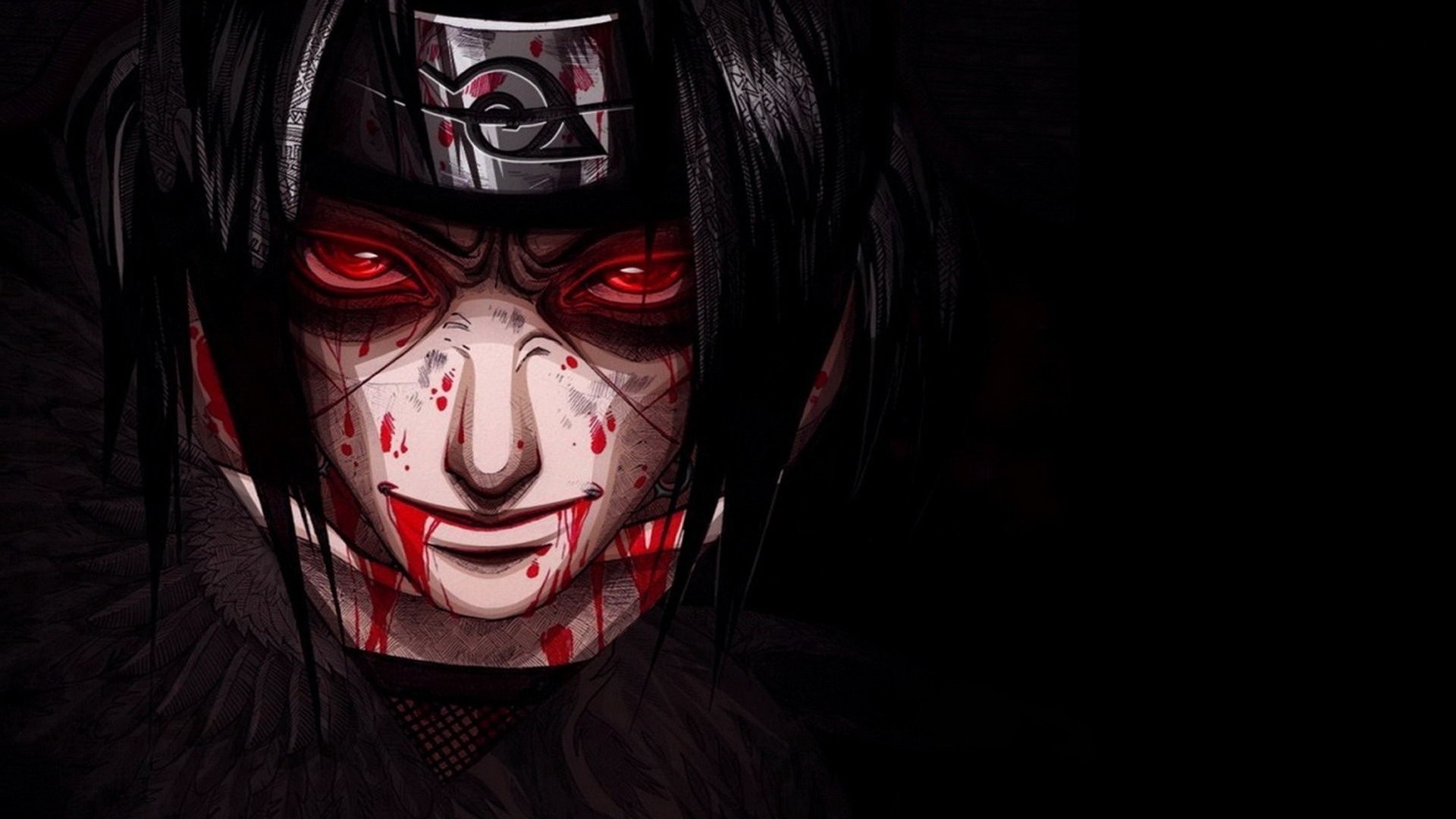 Itachi Uchiha, Sharingan, Lacrime di sangue, Sfondo nero, 16:9 Full HD, wallpaper widescreen