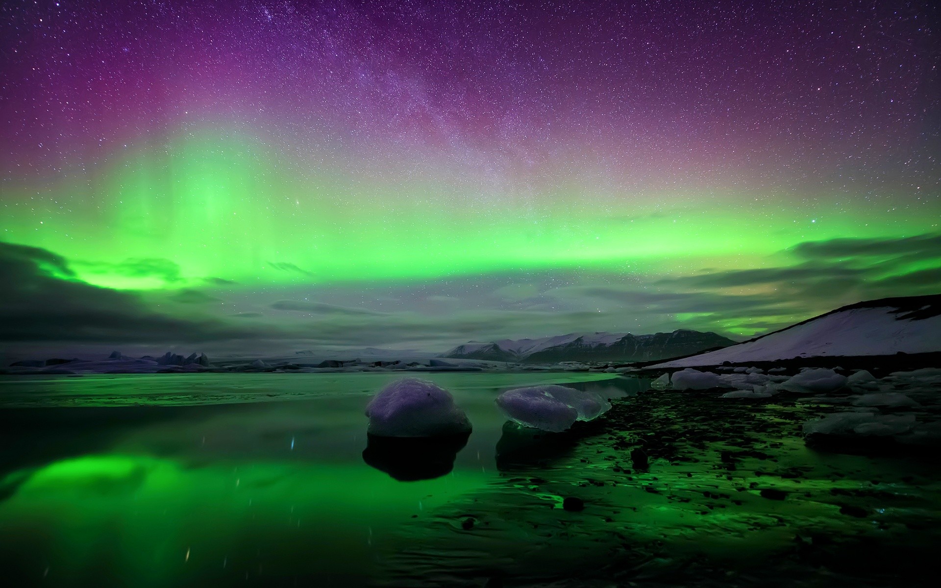 Aurora boreale, Islanda, Lago, Notte, 16:10 Full HD, wallpaper widescreen
