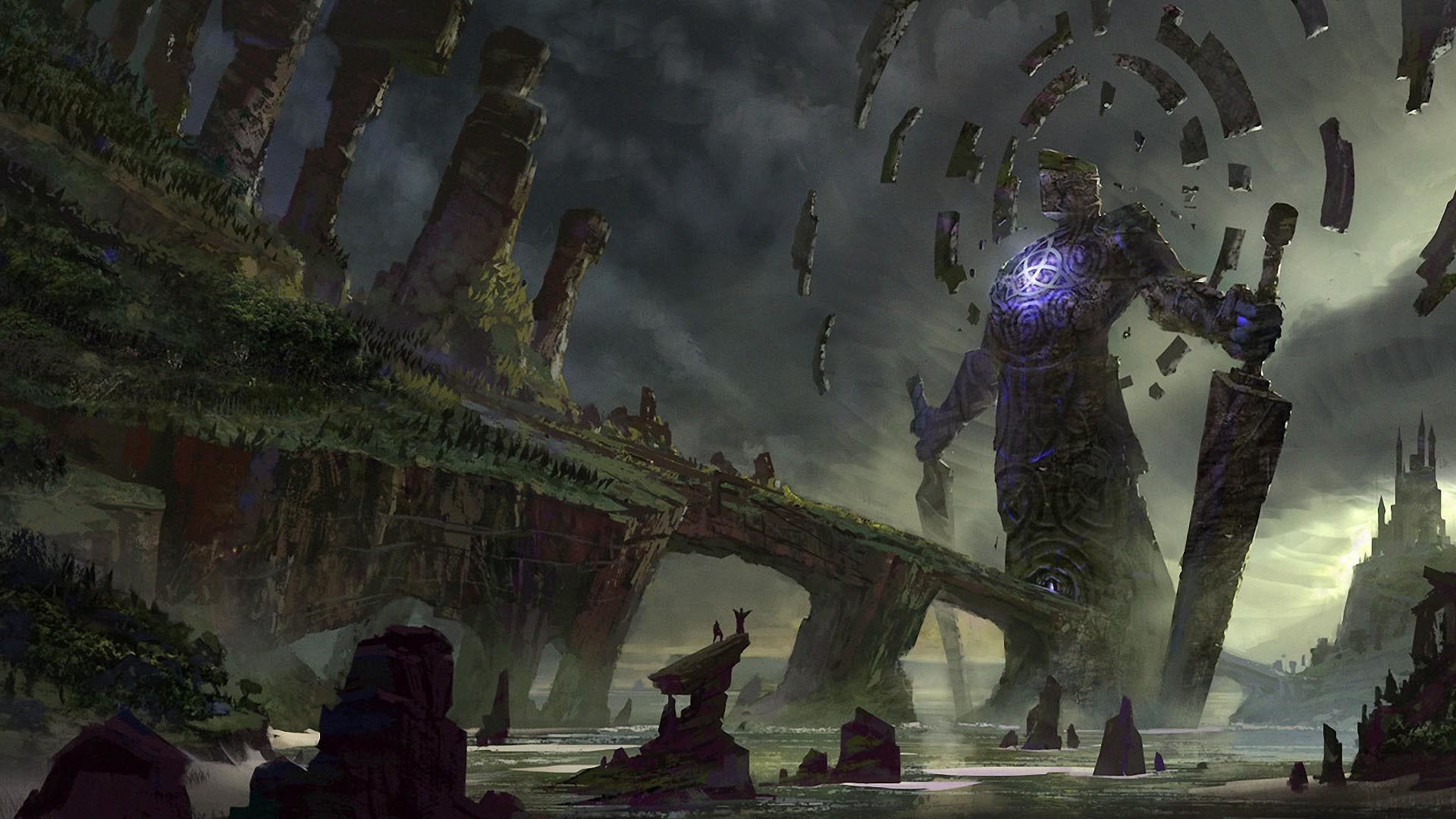 Arte fantasy, Gigante, Rovine, Ponte, Paesaggio cupo, 1920x1080, sfondo per PC