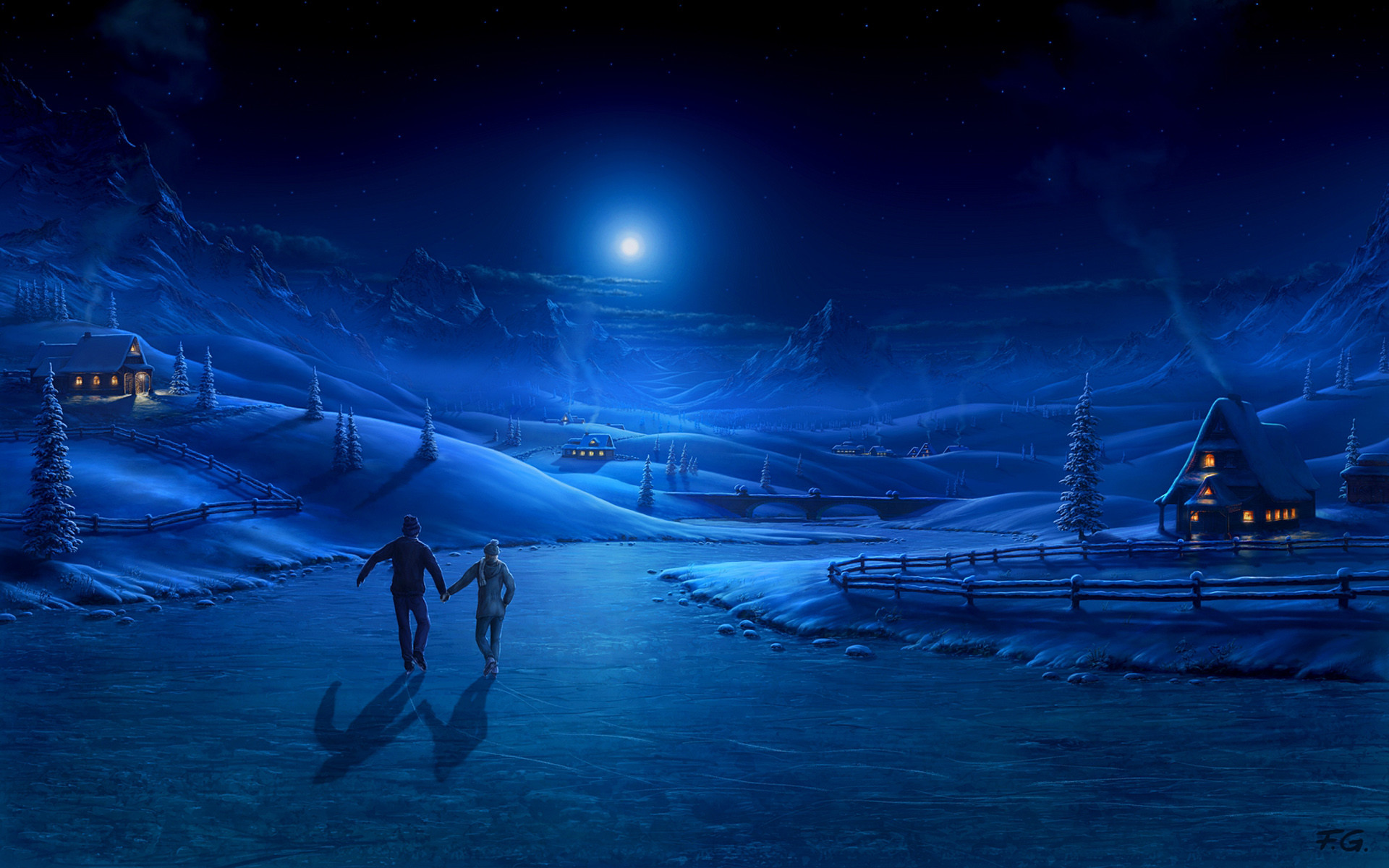 Paesaggio invernale, Coppia, Notte, Luna, Blu, 16:10 Full HD, sfondo widescreen